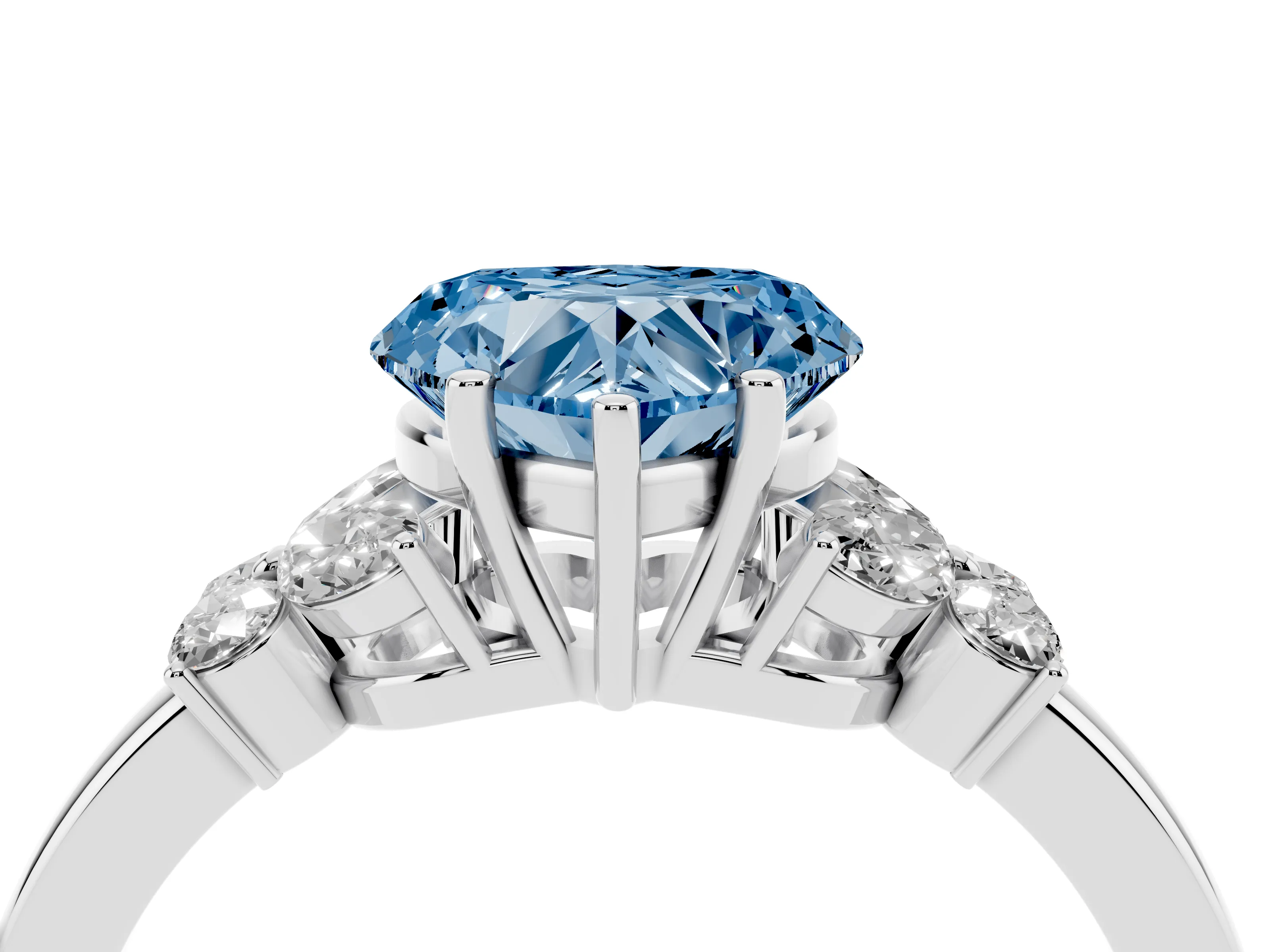 Fancy Blue Heart Cut Diamond Solitaire Floral Ring Set in Platinum with Marquise Petals and Prong Setting