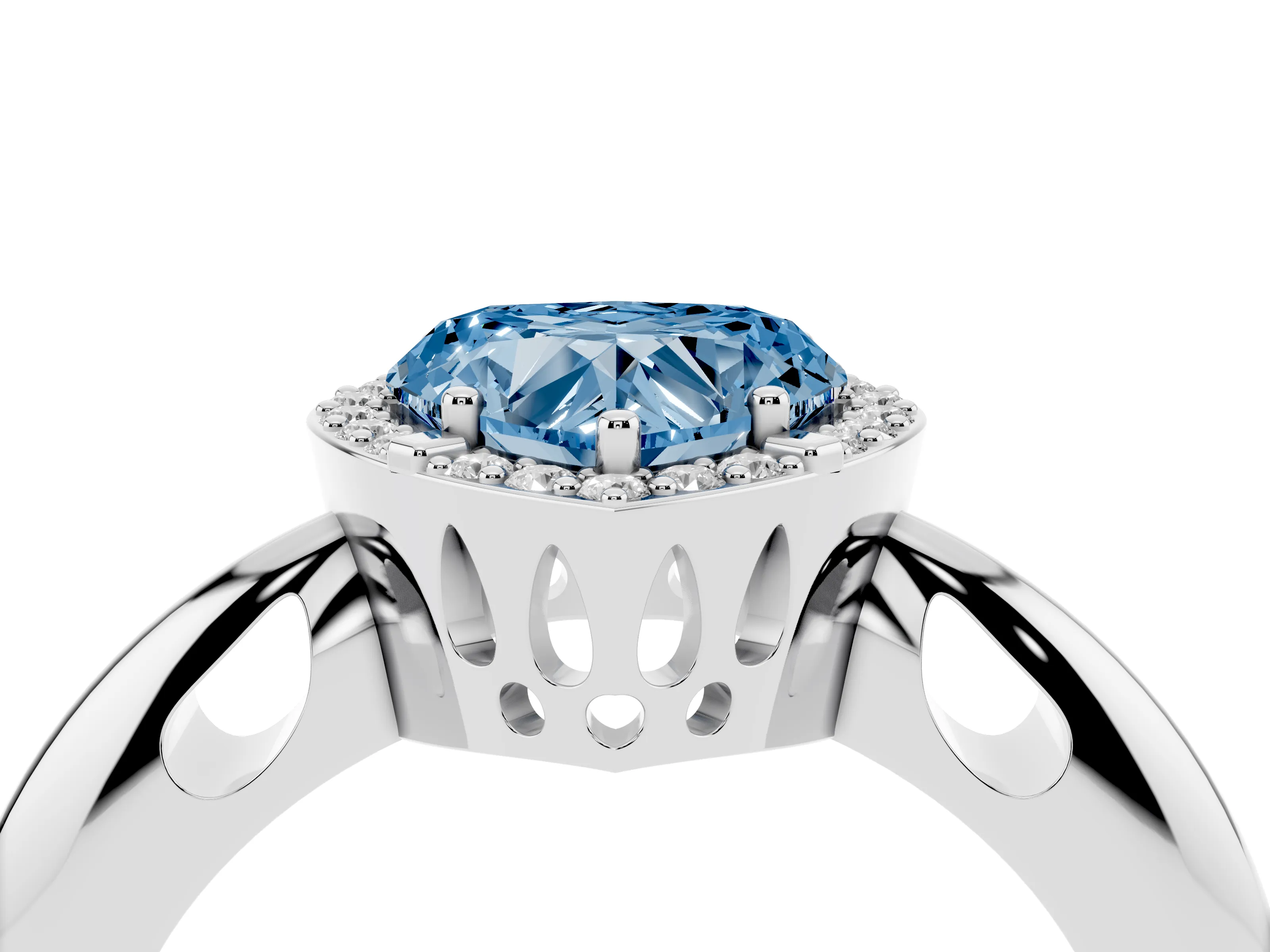 Fancy Blue Heart Cut Diamond Halo Engagement Ring Set in Platinum with Plain Split Shank and Prong Setting