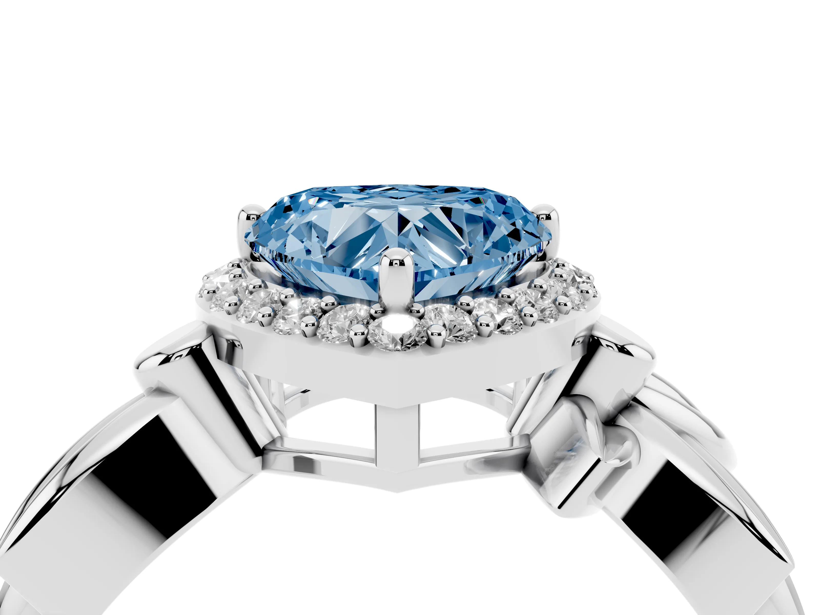 Fancy Blue Heart Cut Diamond Halo Floral Band Ring Set in Silver with Prong Setting