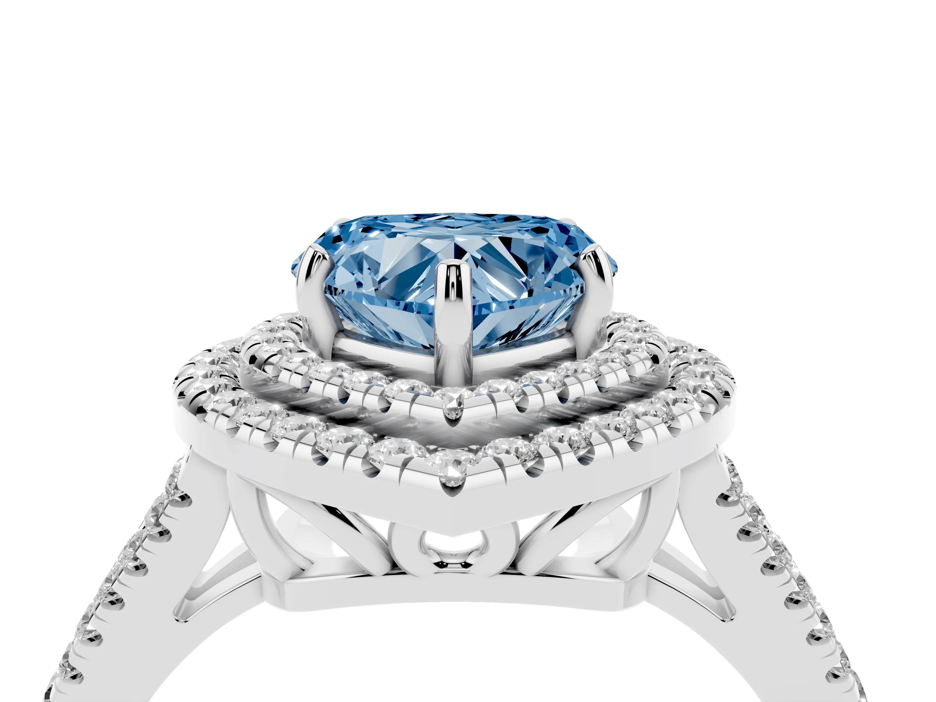 Fancy Blue Heart Cut Diamond Double Halo Ring Set in Silver with Pavé Band