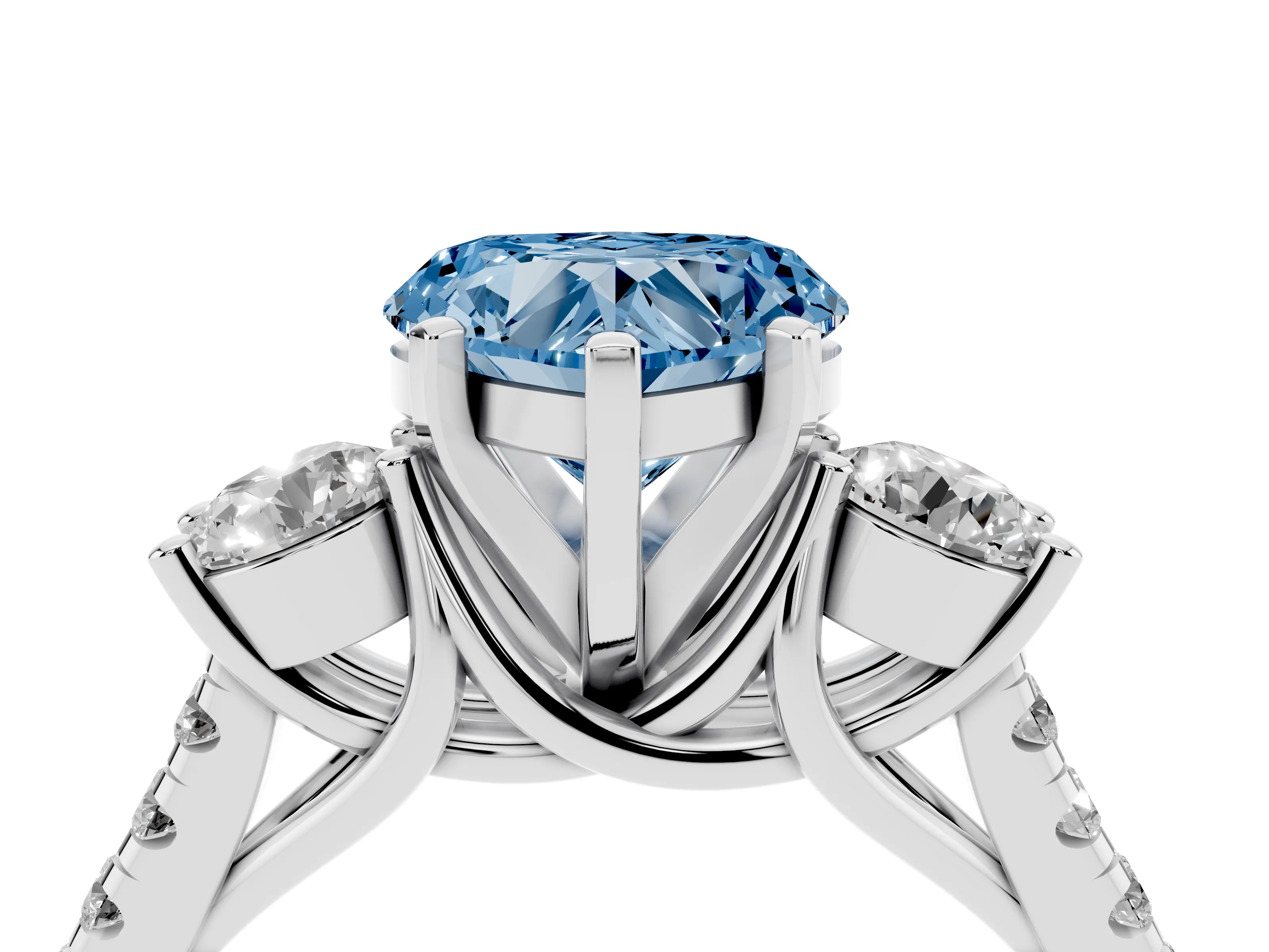 Fancy Blue Three-Stone Heart Cut Diamond Pavé Band Ring Set in Silver with Prong-Set Trio