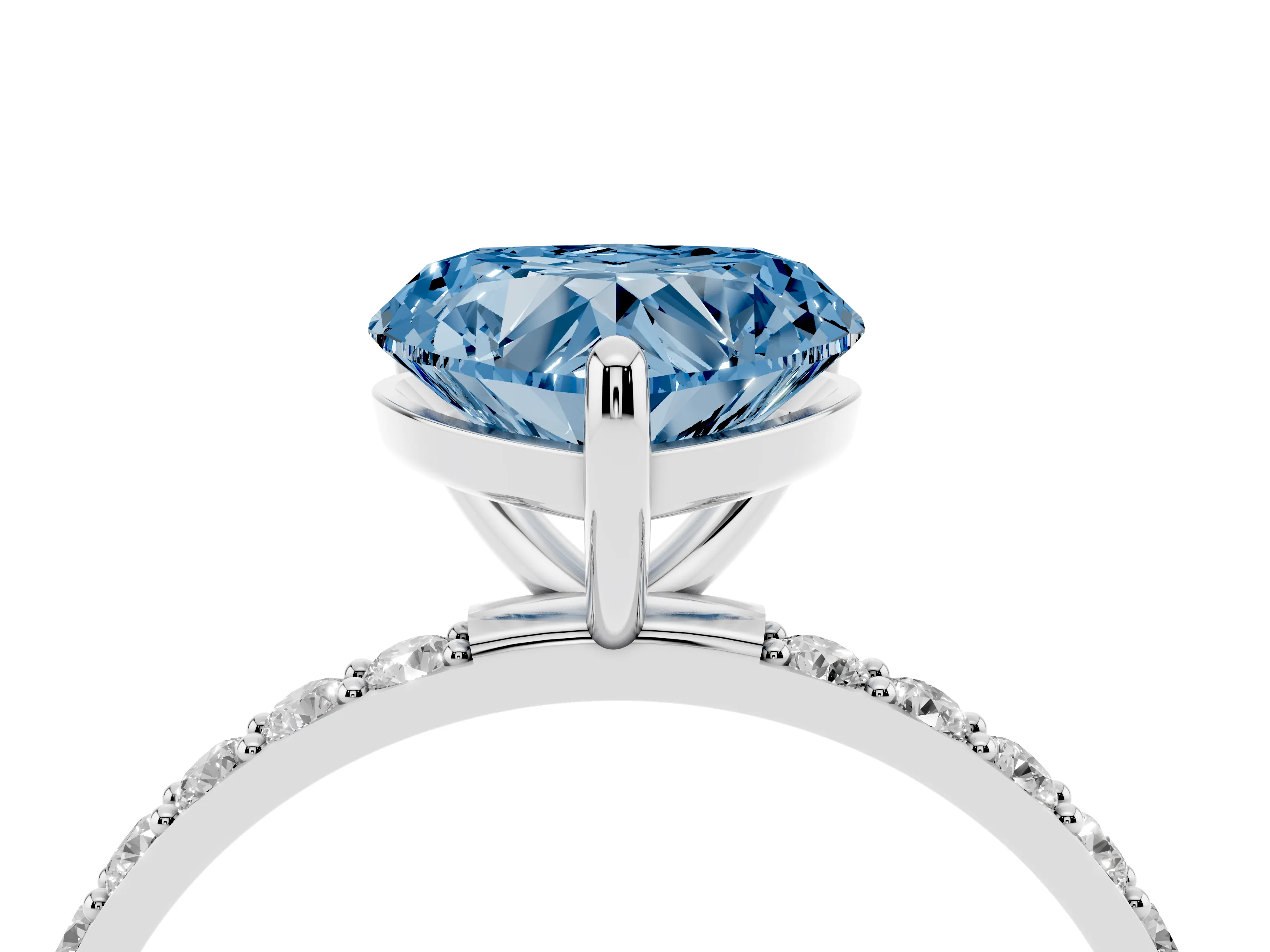 Fancy Blue Heart Cut Diamond Solitaire Ring Set in Silver with Round Pavé Band and Prong Setting