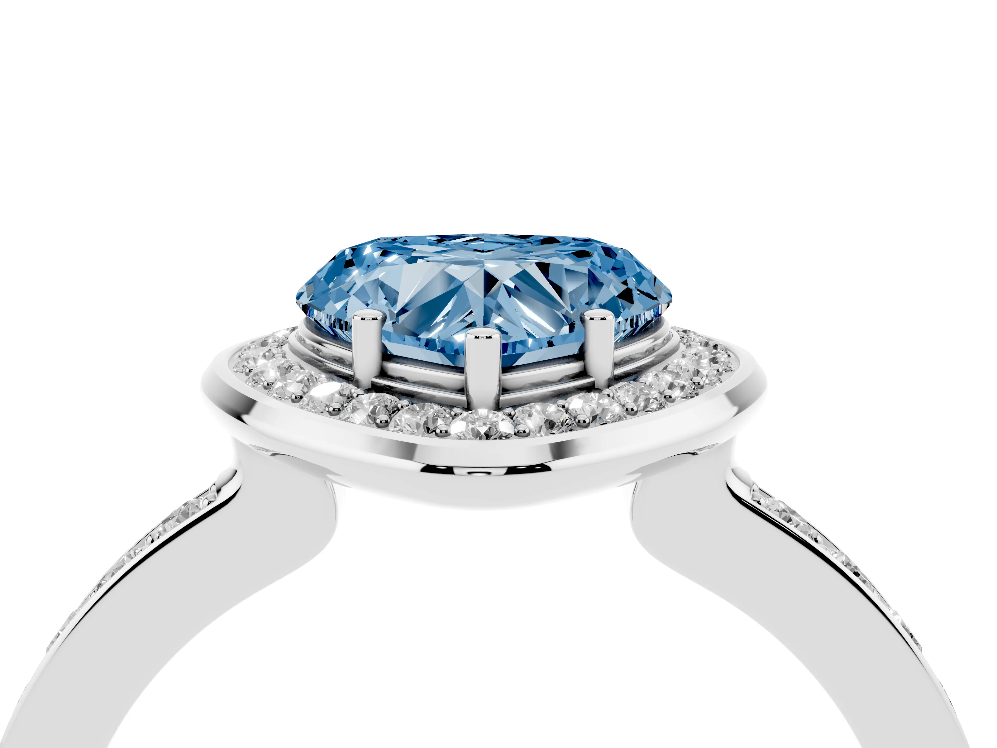 Fancy Blue Heart Cut Diamond Halo Ring Set in Silver with Bezel Frame and Pavé Band