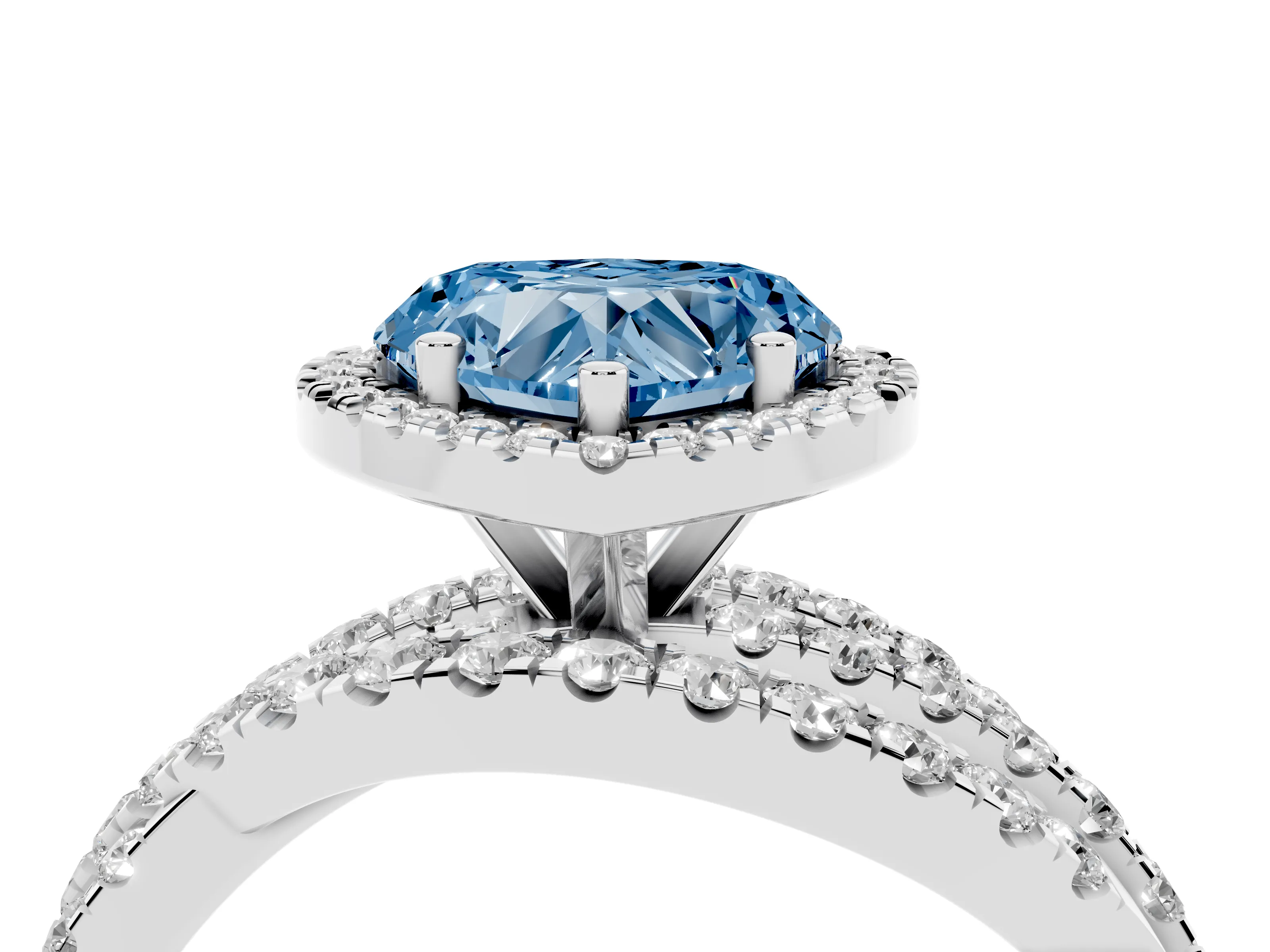 Fancy Blue Heart Cut Diamond Halo Ring Set in Silver with Round Crossover Split Shank and Prong Setting