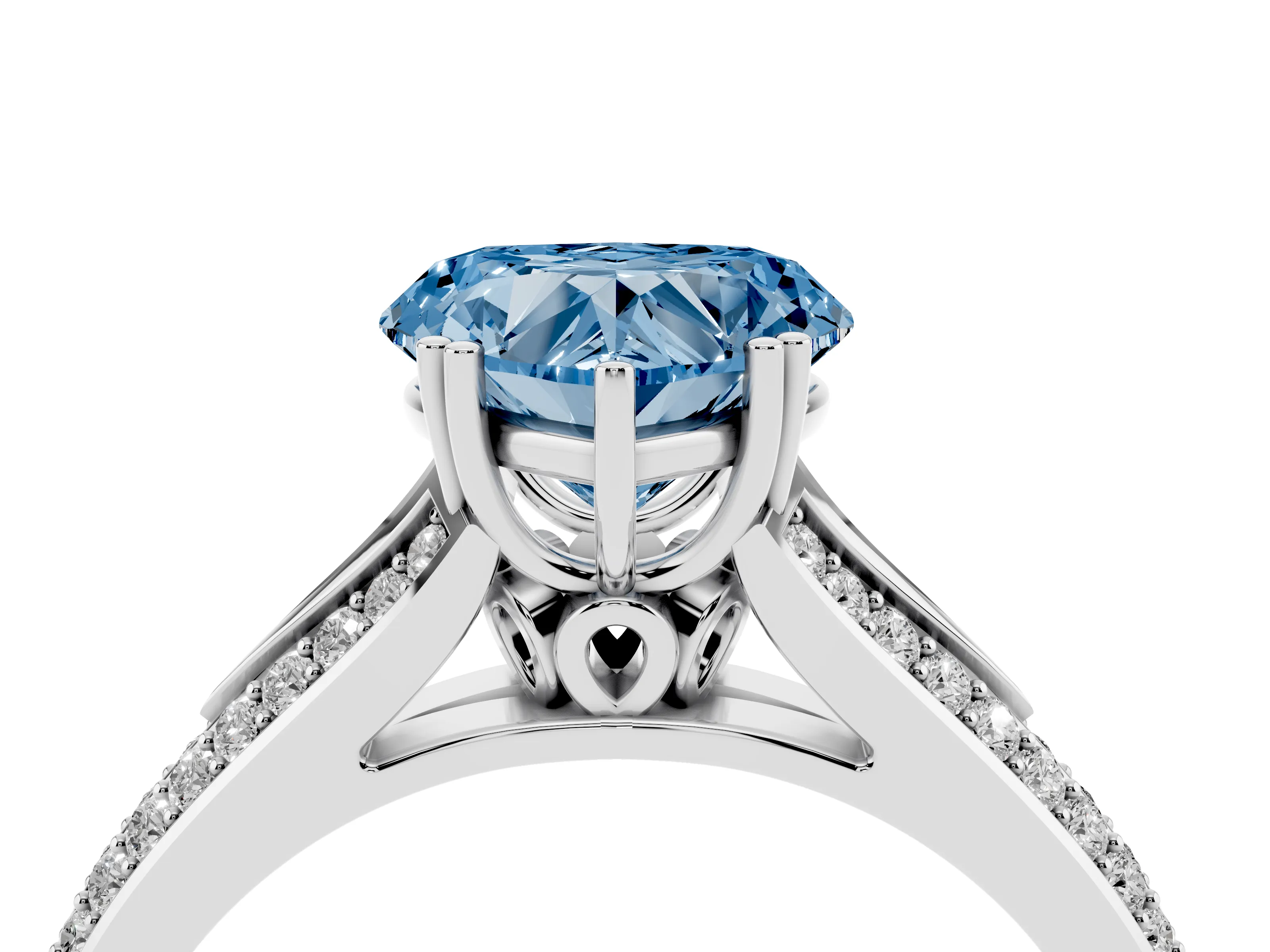 Fancy Blue Heart Cut Diamond Split Shank Pavé Engagement Ring Set in White gold with Prong-Set Center Stone
