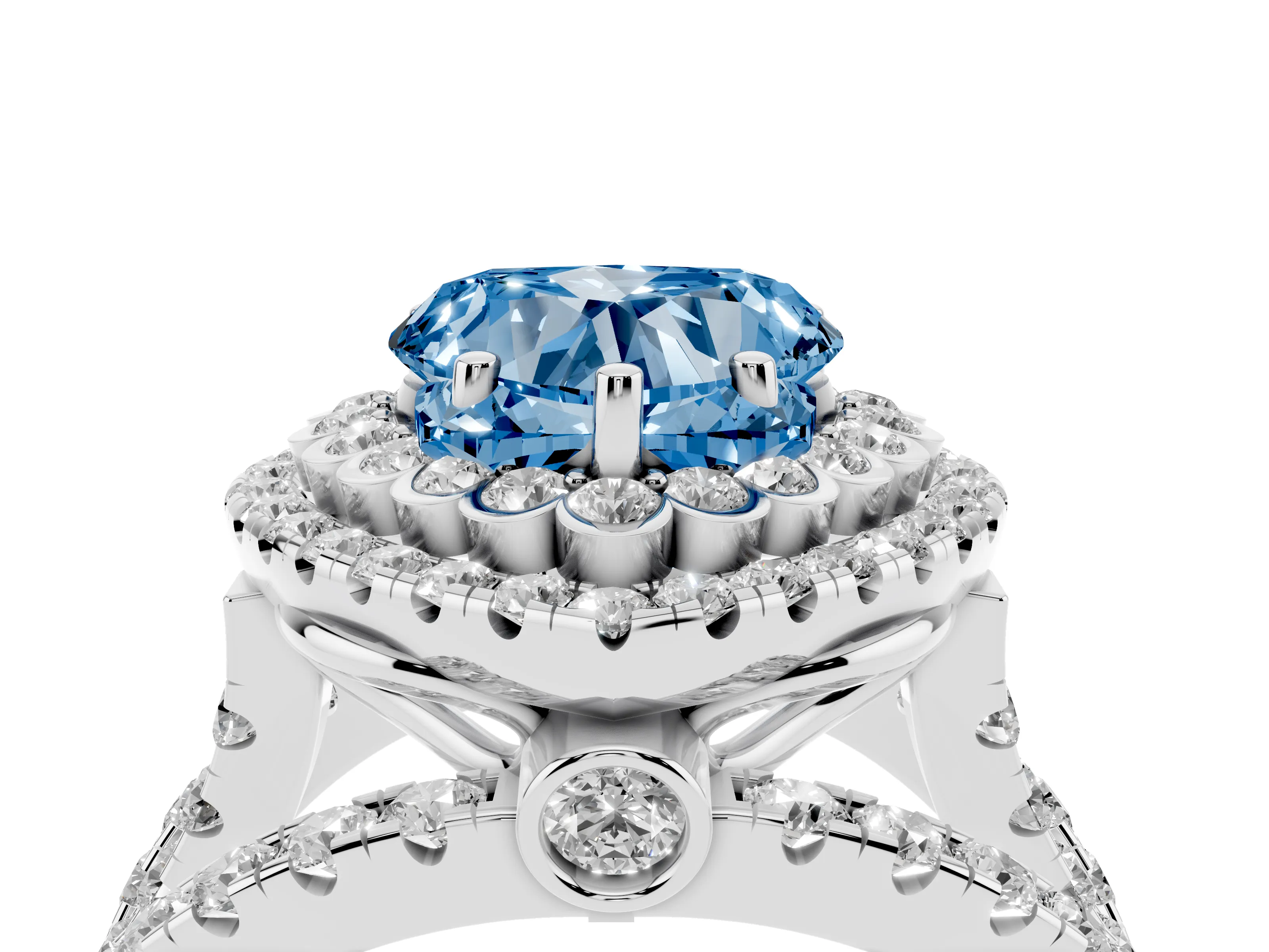 Fancy Blue Heart Cut Diamond Double Halo Ring Set in Silver with Round Pavé Split Shank