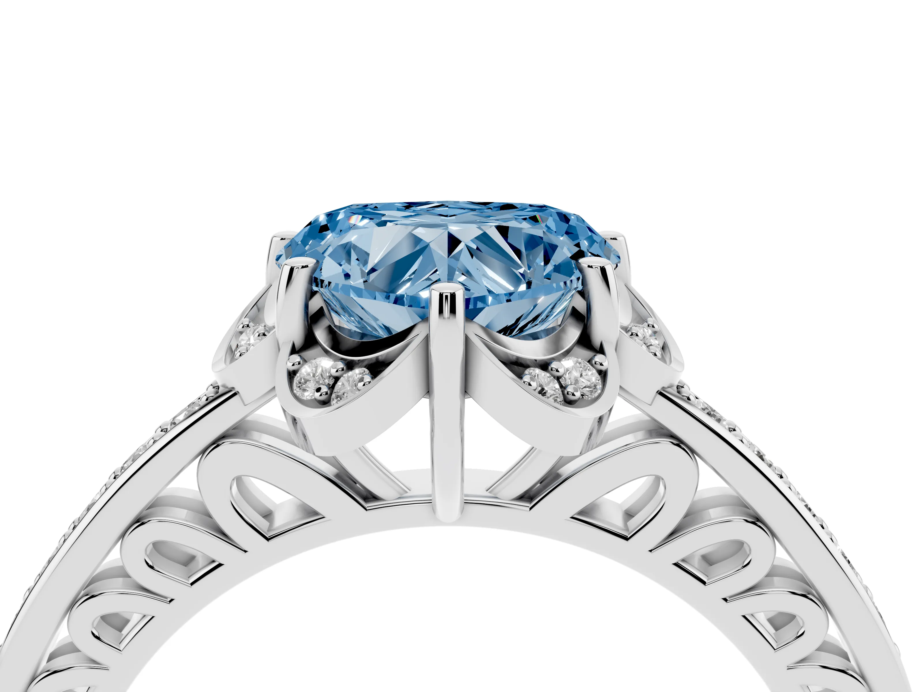 Fancy Blue Heart Cut Diamond Halo Ring Set in Platinum with Channel Set Band and Prong Setting