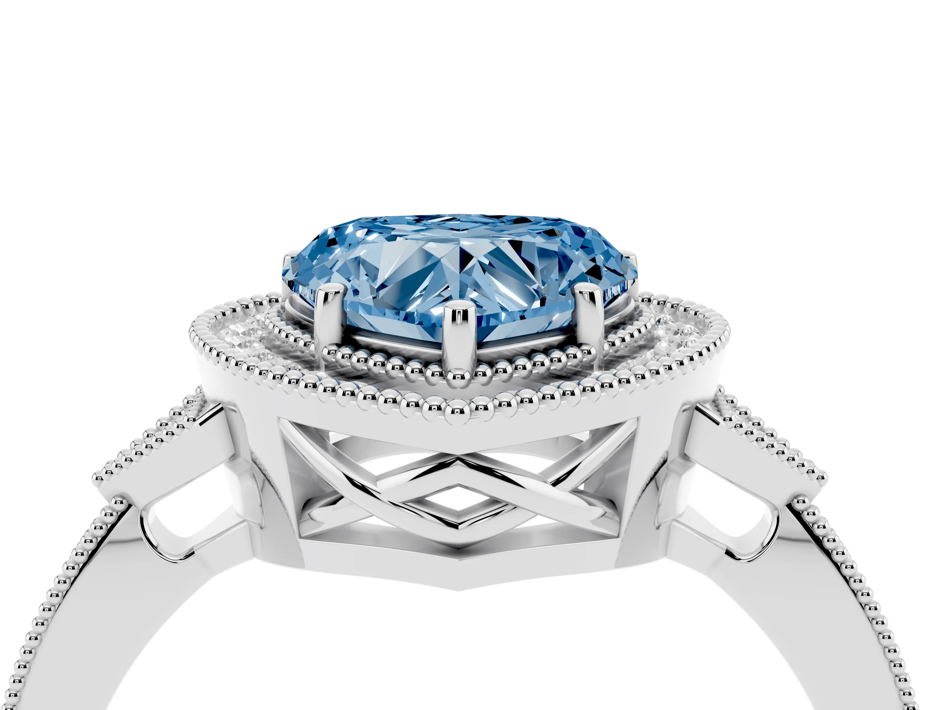 Fancy Blue Heart Cut Diamond Halo Engagement Ring Set in Platinum with Milgrain Pavé Band