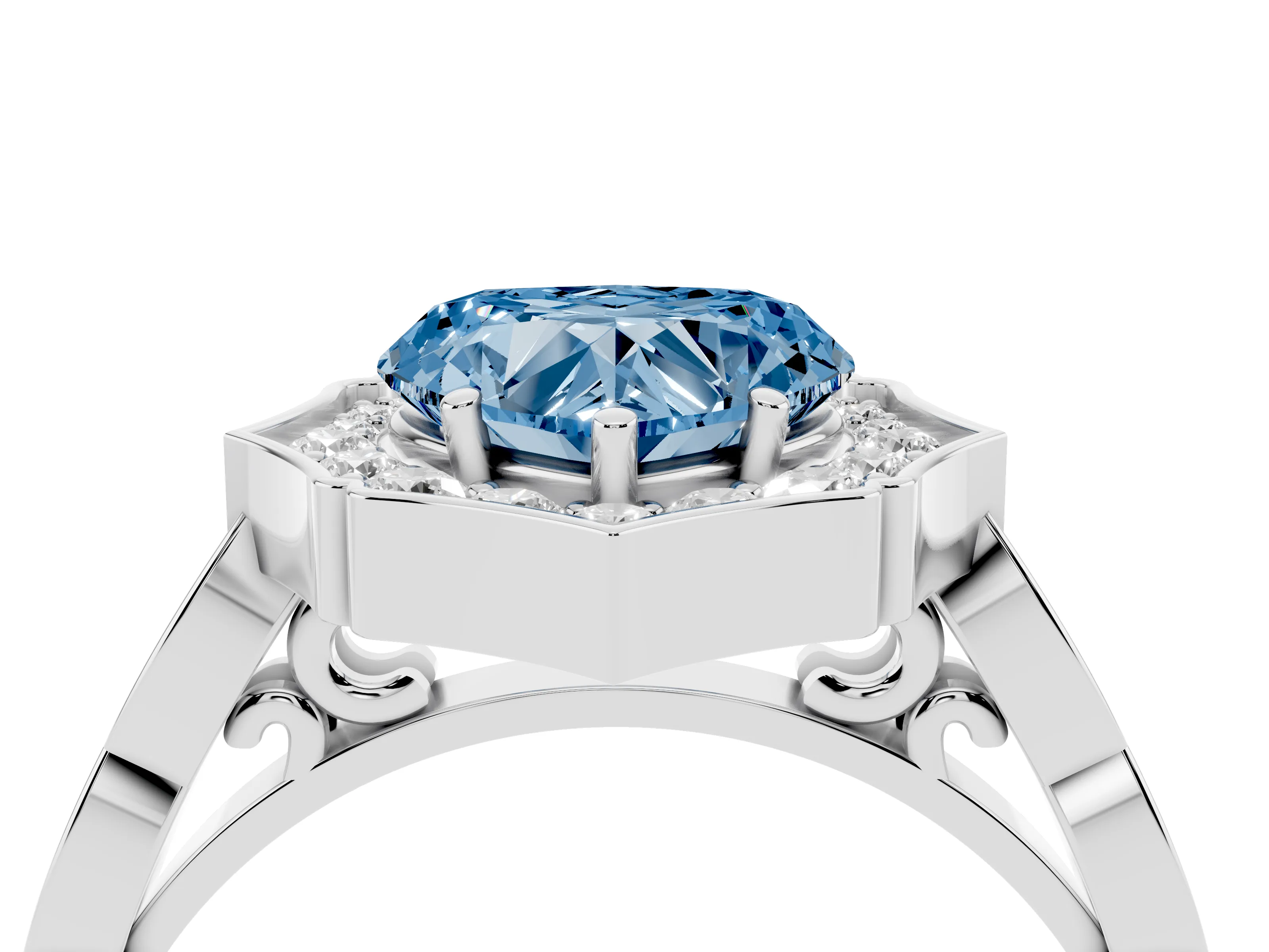Fancy Blue Heart Cut Diamond Halo Engagement Ring Set in White gold with Milgrain Band and Prong Setting