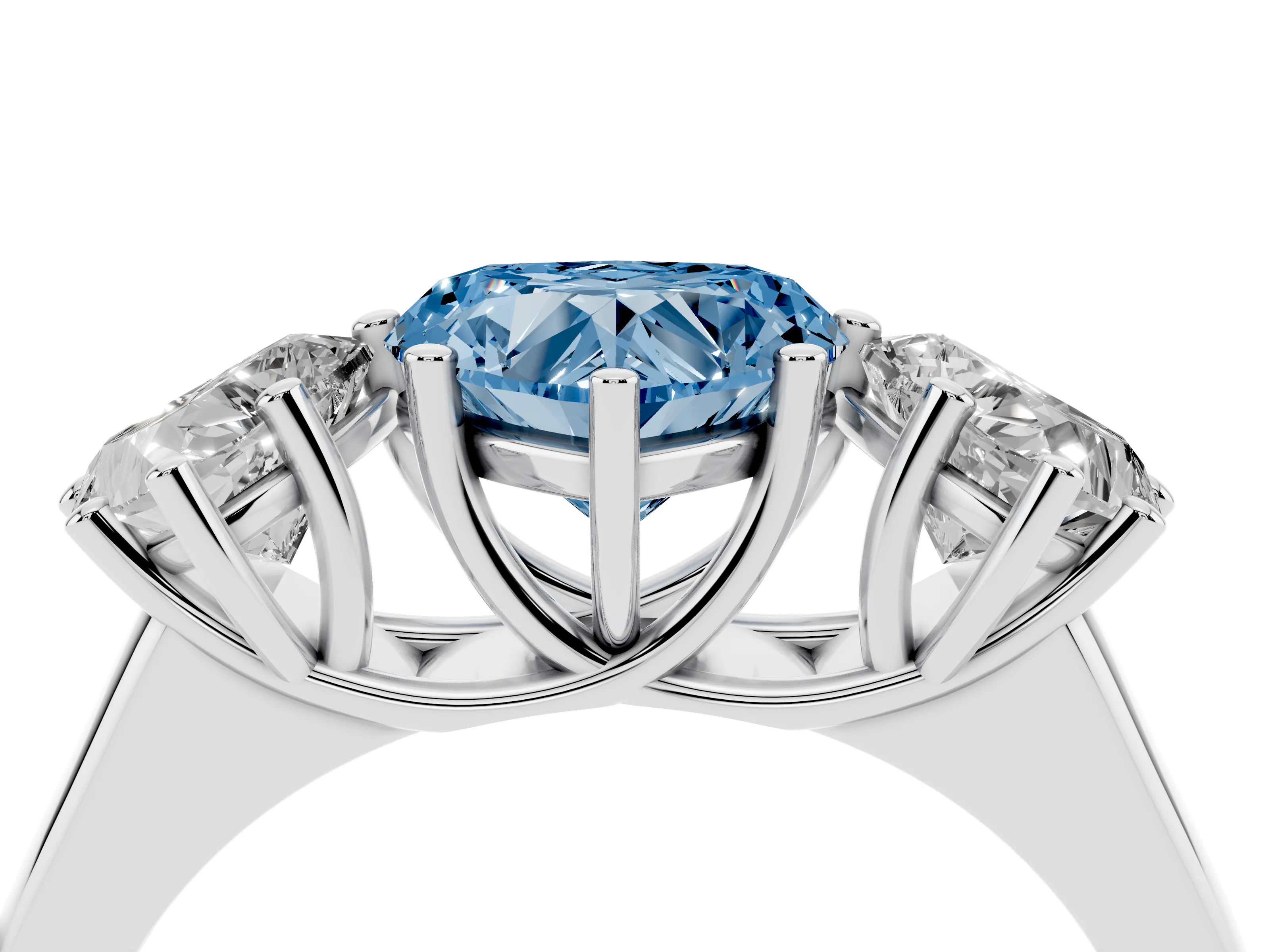 Fancy Blue Heart Cut Diamond Three-Stone Ring Set in Platinum with Plain Polished Band