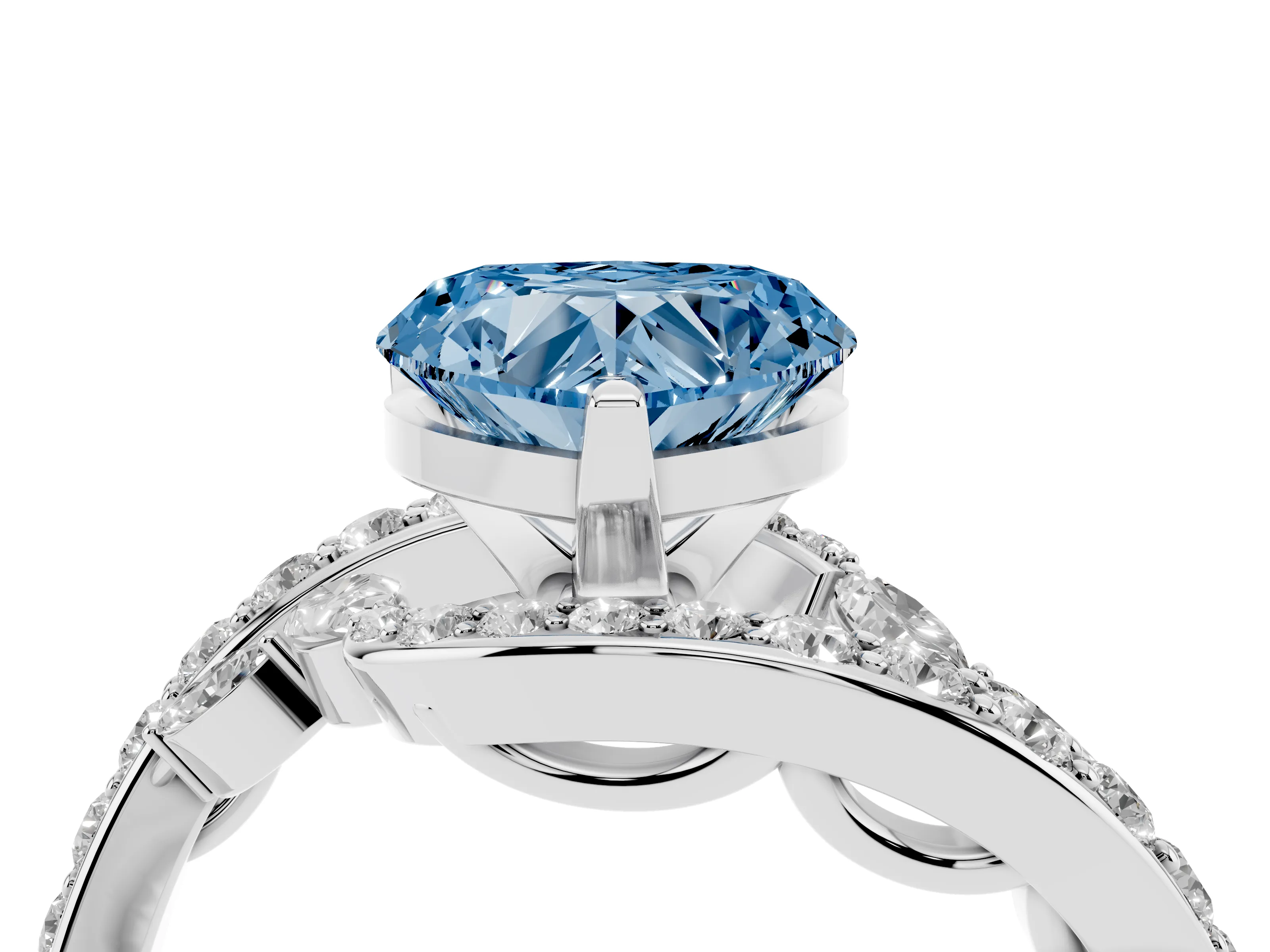 Fancy Blue Heart Cut Diamond Solitaire Ring Set in White gold with Pavé Twist Band and Secure Prong Setting