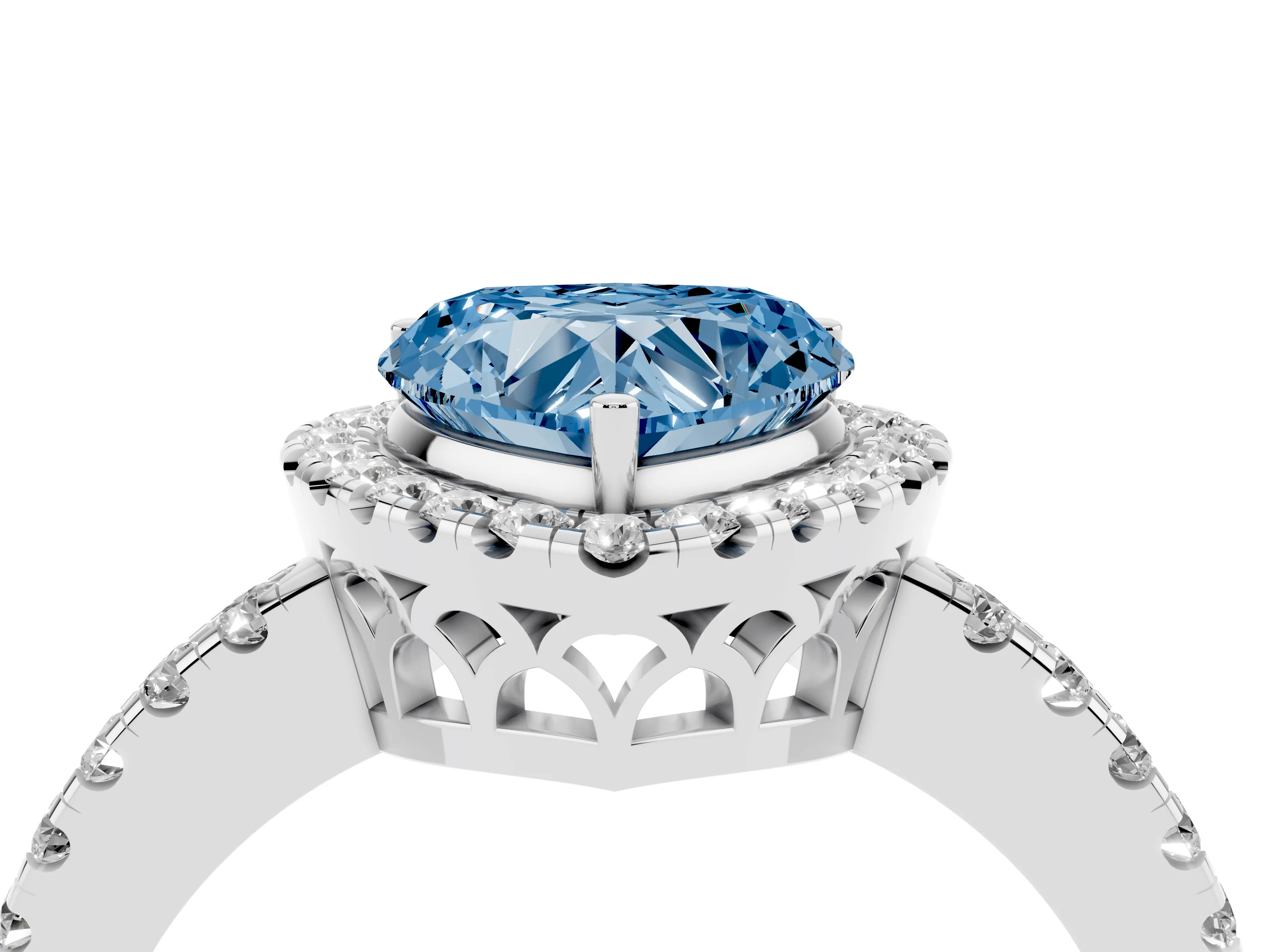 Fancy Blue Heart Cut Diamond Pavé Band Halo Engagement Ring Set in White gold with Prong Setting