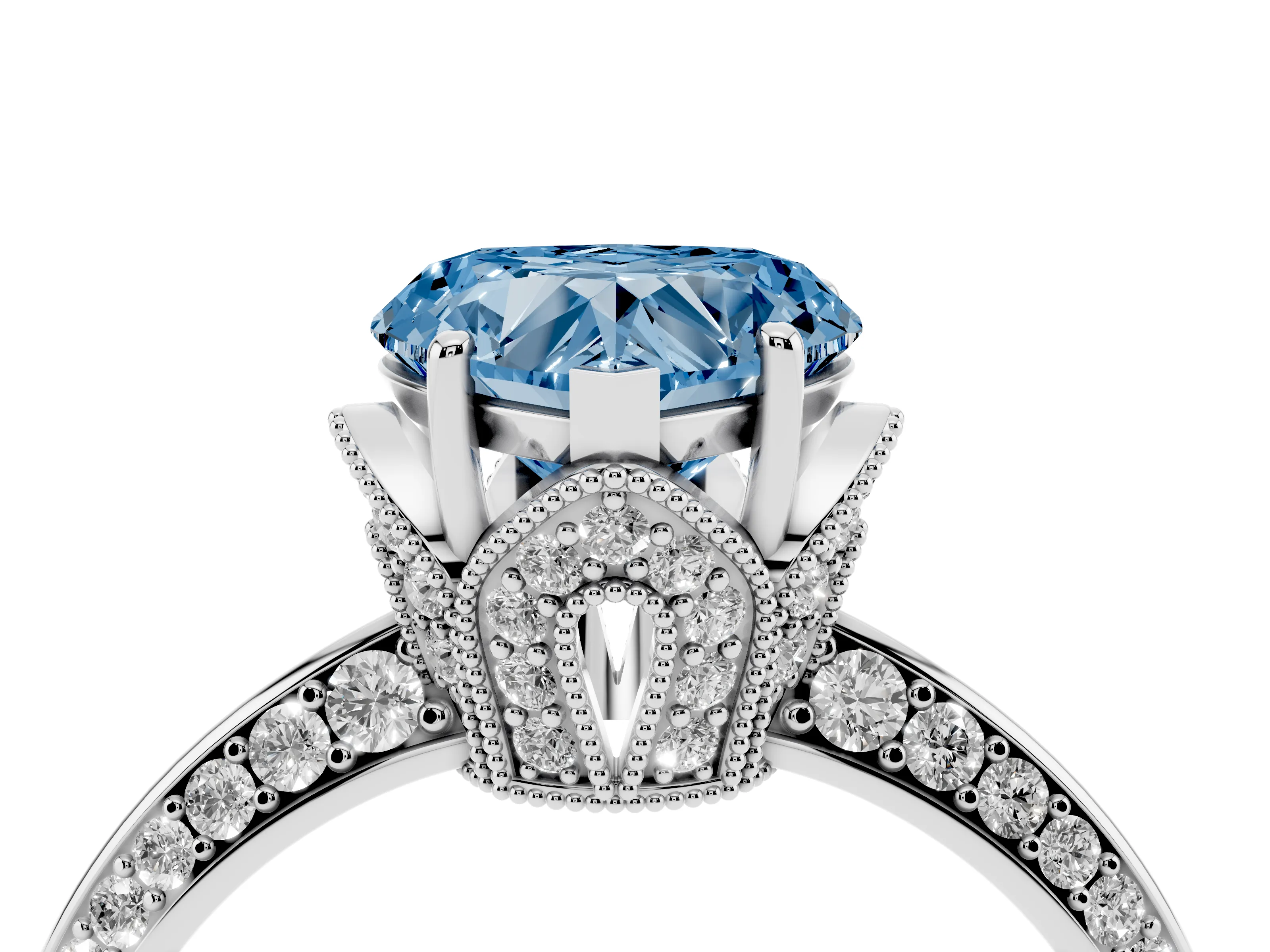 Fancy Blue Heart Cut Diamond Solitaire Engagement Ring Set in Platinum with Pavé Split Shank and Prong Setting