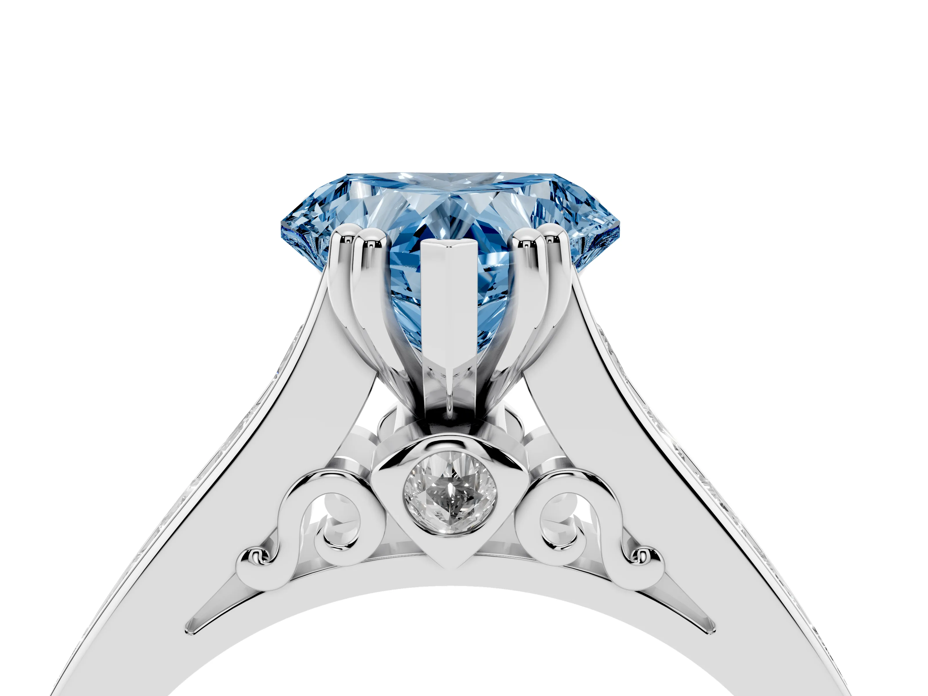 Fancy Blue Heart Cut Diamond Channel Set Solitaire Engagement Ring Set in Silver with Prong Setting