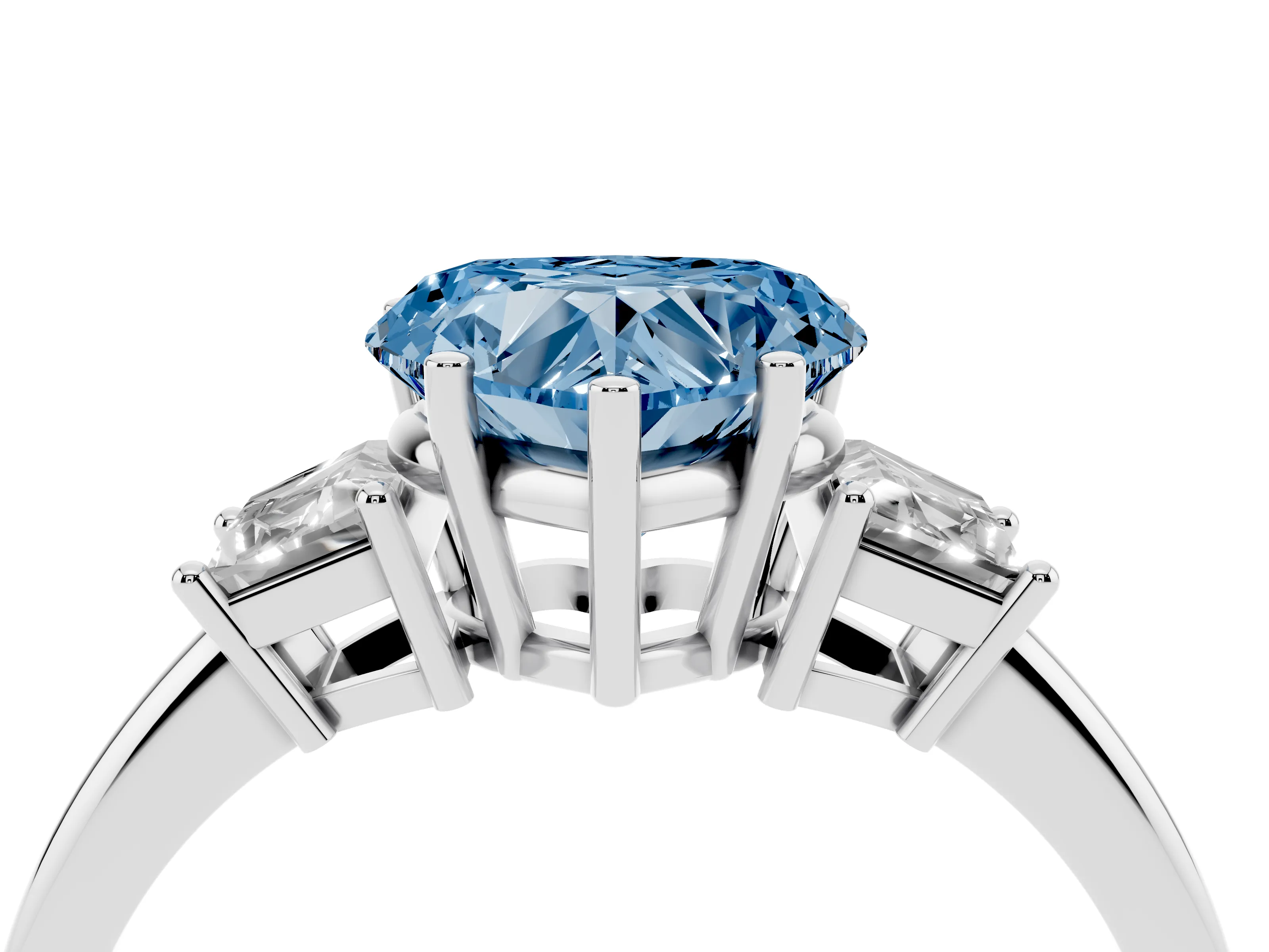 Fancy Blue Heart Cut Diamond Three-Stone Ring Set in Silver with Trapezoid Side Stones and Prong Setting