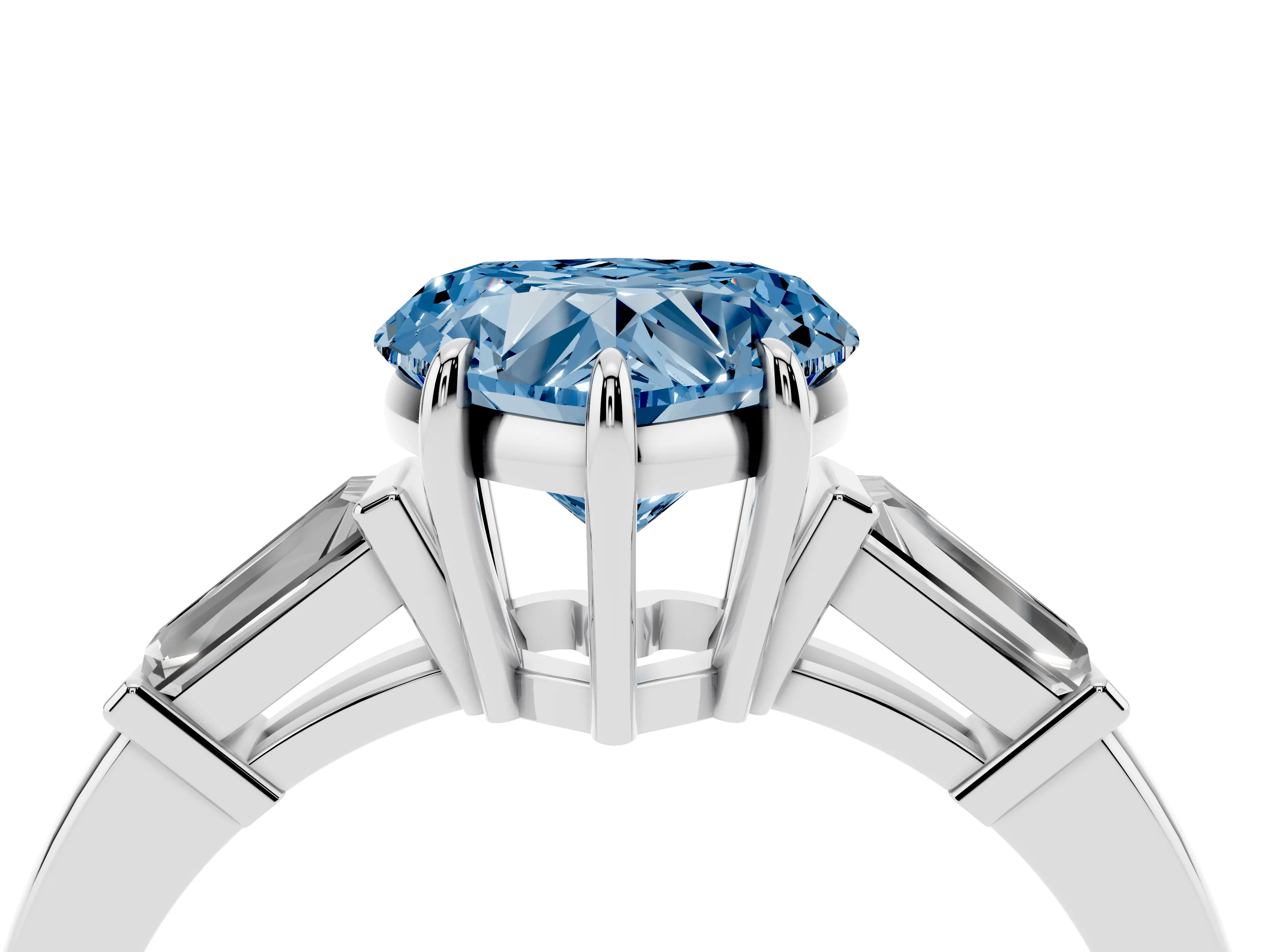 Fancy Blue Heart Cut Diamond Three-Stone Ring Set in Platinum with Tapered Baguette Side Stones and Prong Setting
