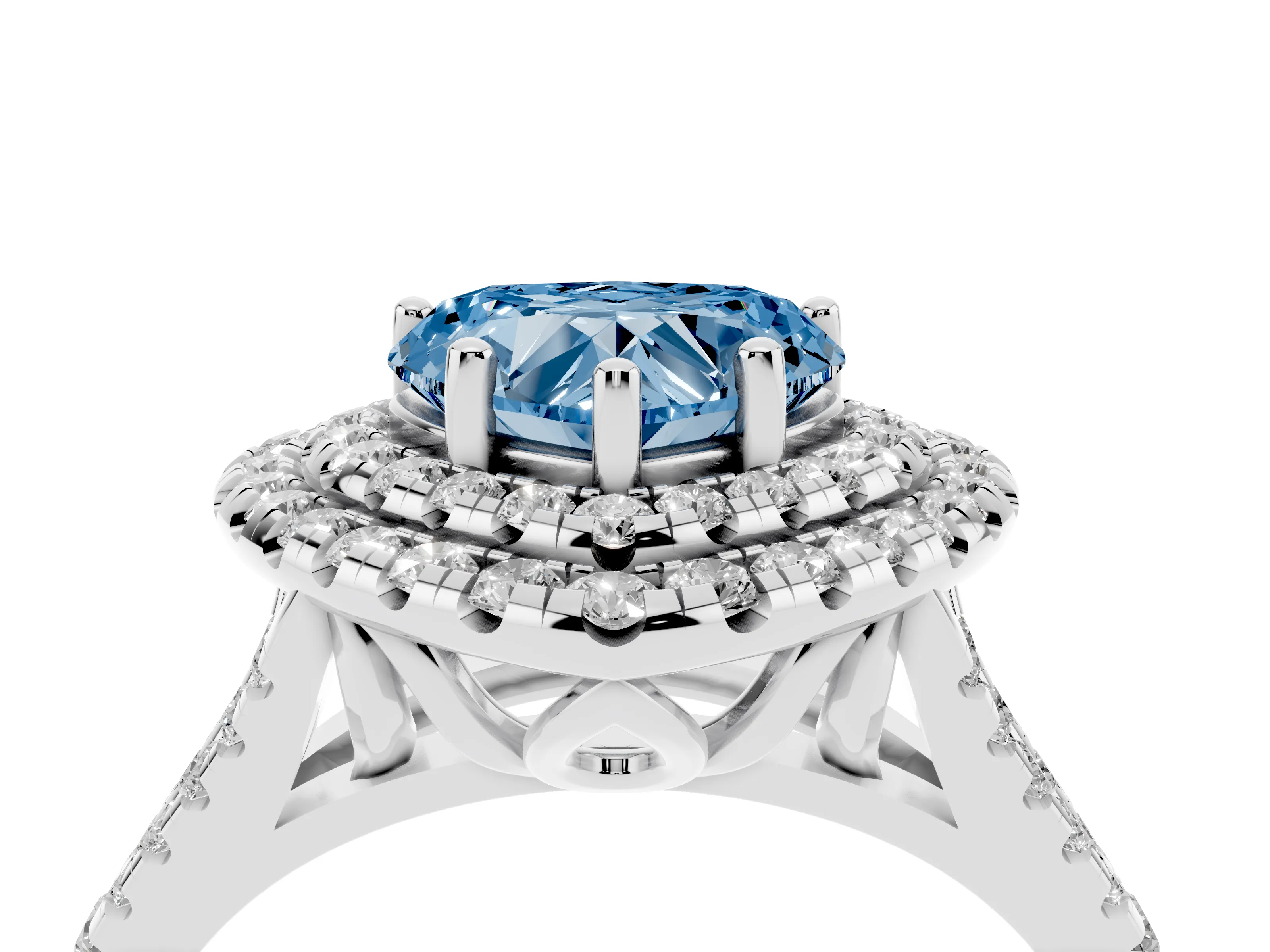 Fancy Blue Heart Cut Diamond Double Halo Ring Set in Silver with Pavé Split Shank and Prong Setting