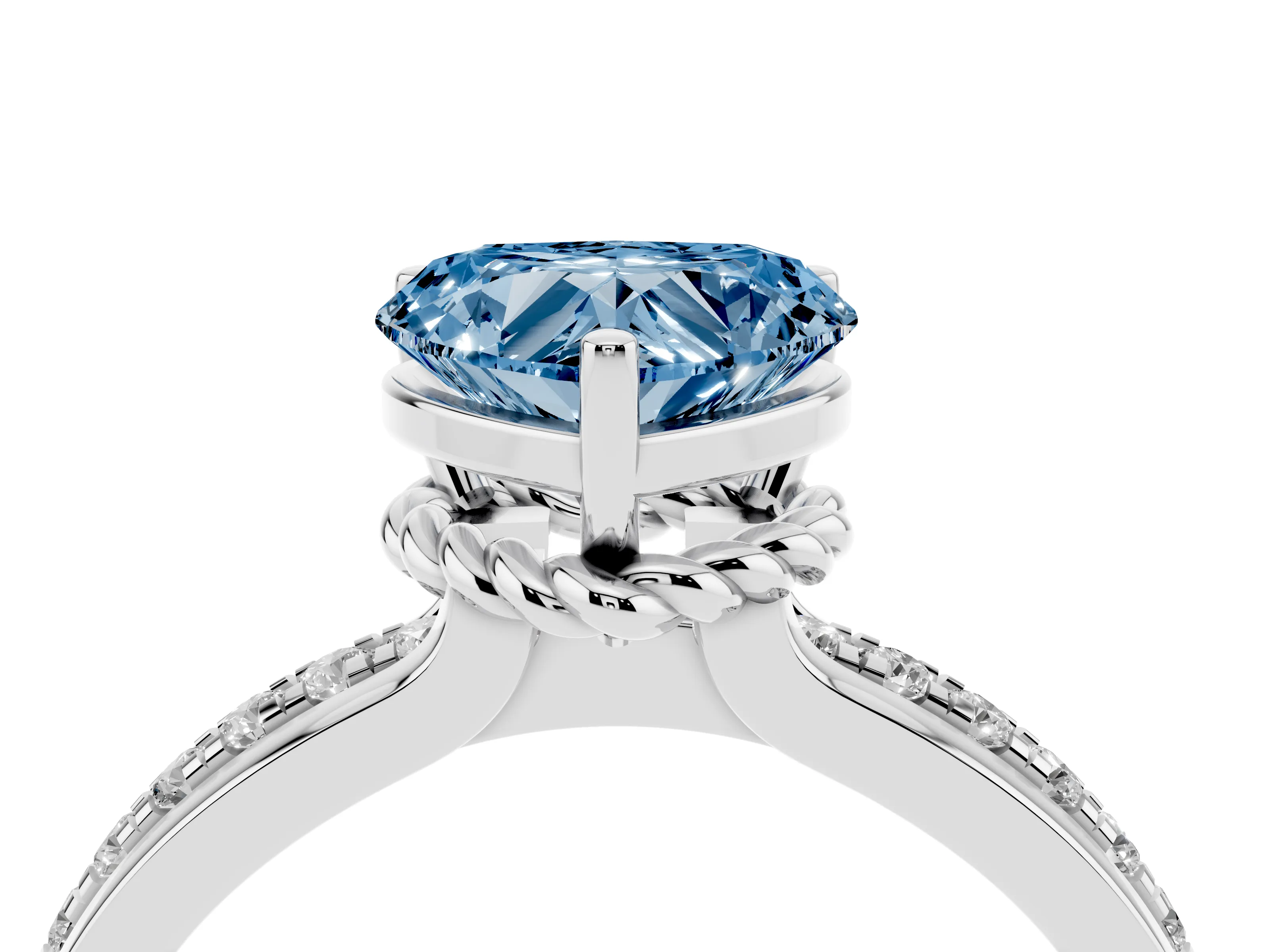 Fancy Blue Heart Cut Diamond Solitaire Ring Set in White gold with Channel Set Band and Prong Setting
