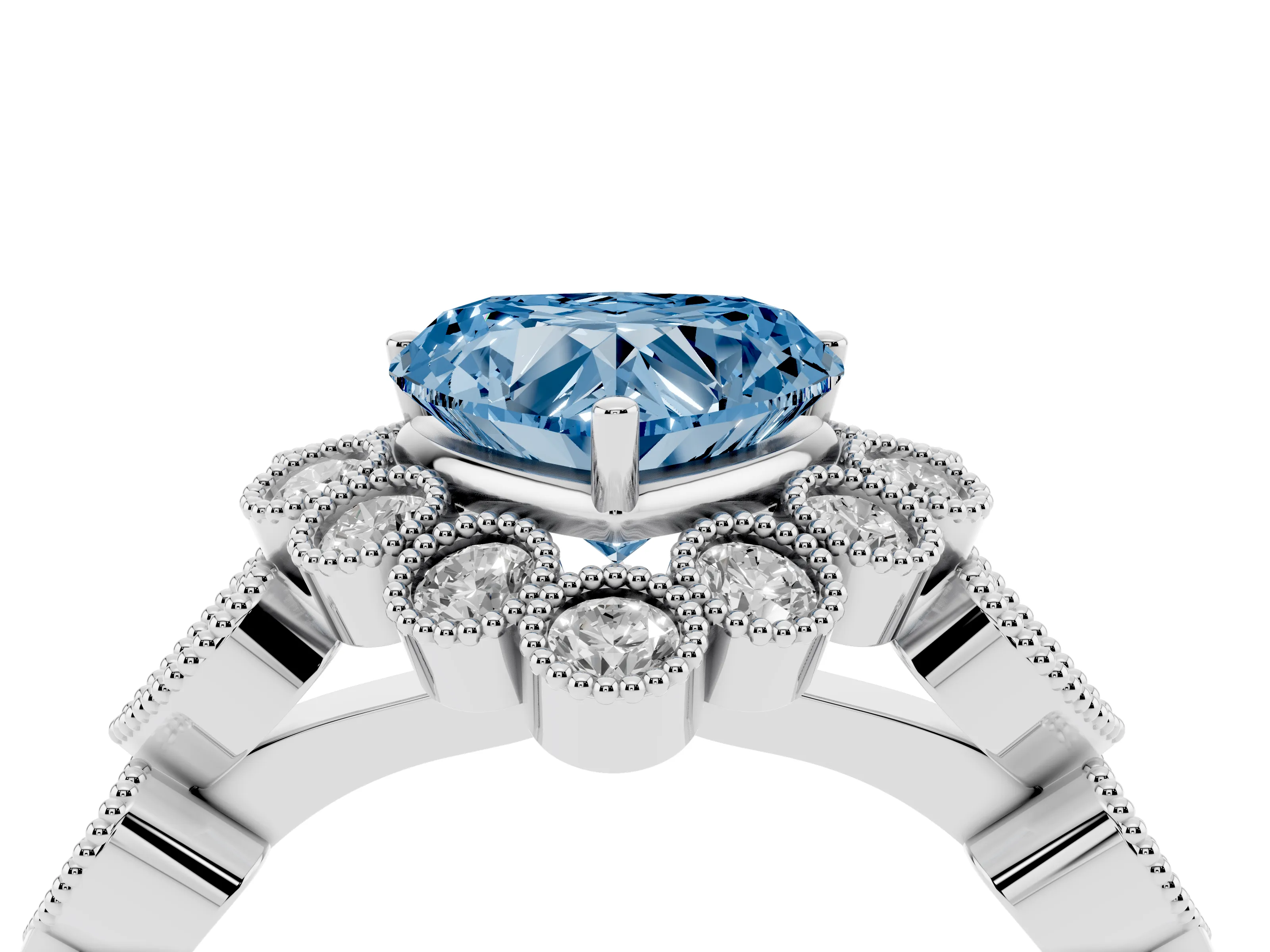 Fancy Blue Heart Cut Diamond Solitaire Ring Set in Platinum with Milgrain Pavé Heart Band