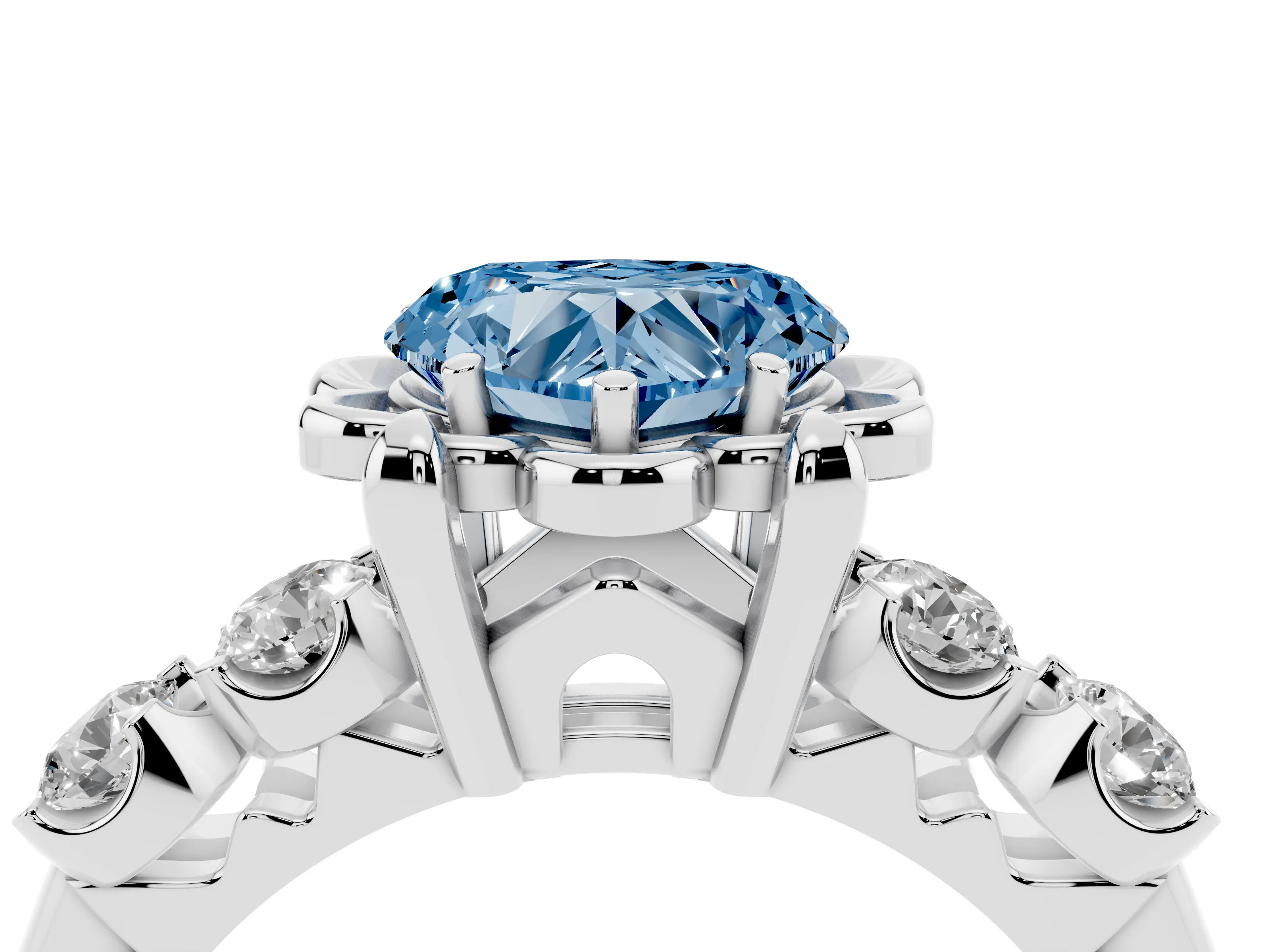 Fancy Blue Heart Cut Diamond Floral Halo Ring Set in White gold with Shared Prong Band