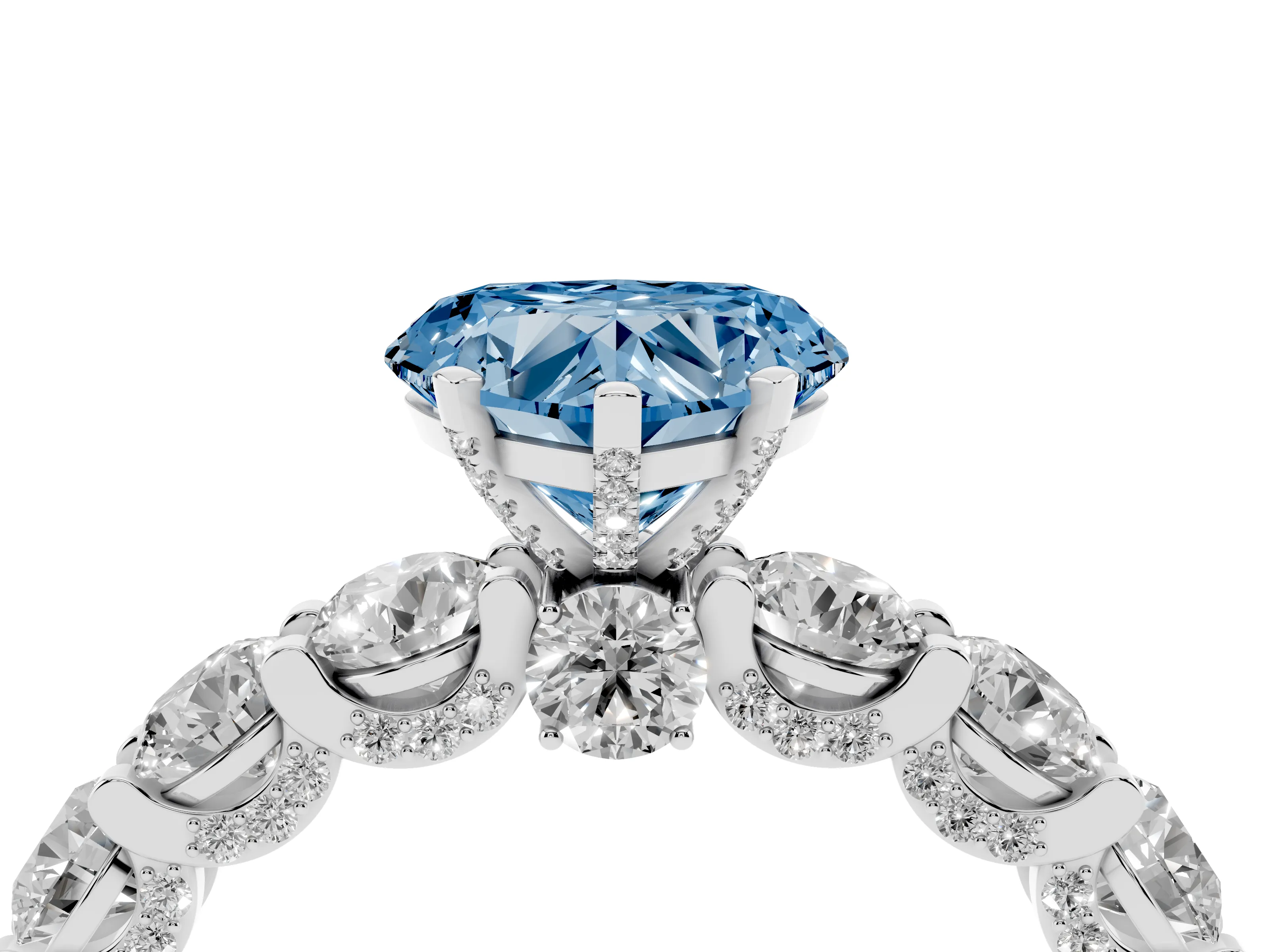 Fancy Blue Heart Cut Diamond Side Stone Ring Set in Silver with Alternating Round and Oval Side Stones