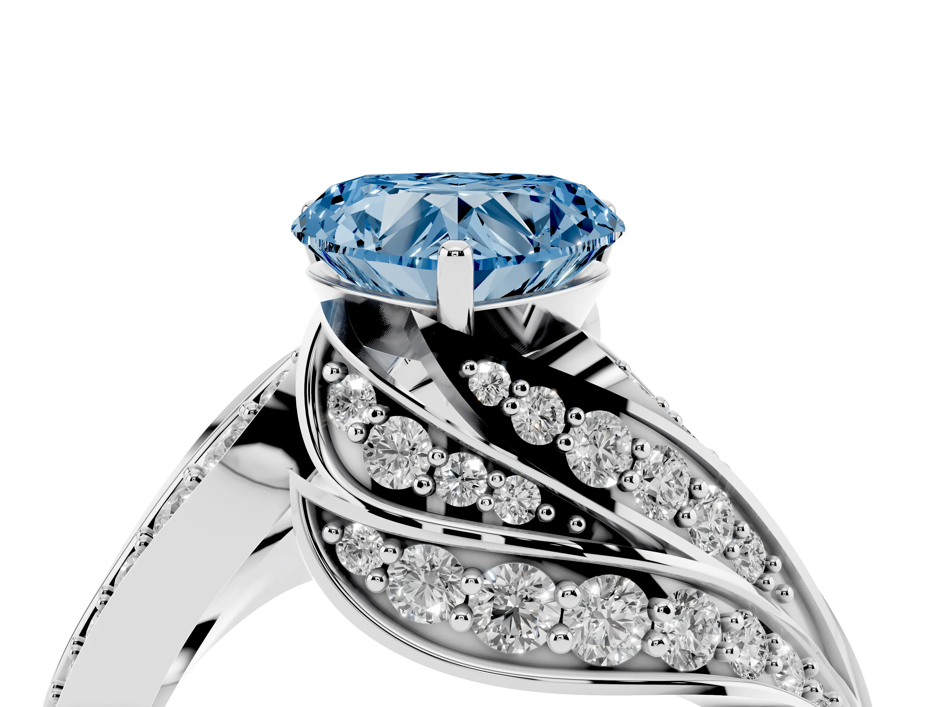 Fancy Blue Heart Cut Diamond Solitaire Ring Set in Silver with Layered Twist Pavé Band