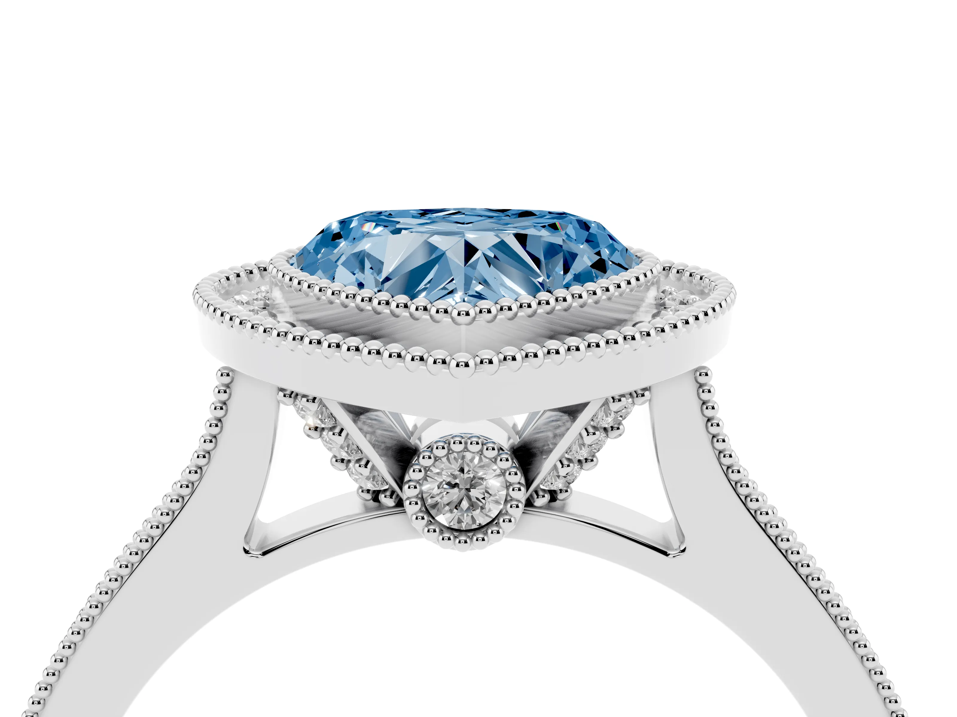 Fancy Blue Heart Cut Diamond Halo Milgrain Pavé Band Ring Set in White gold with Prong Setting