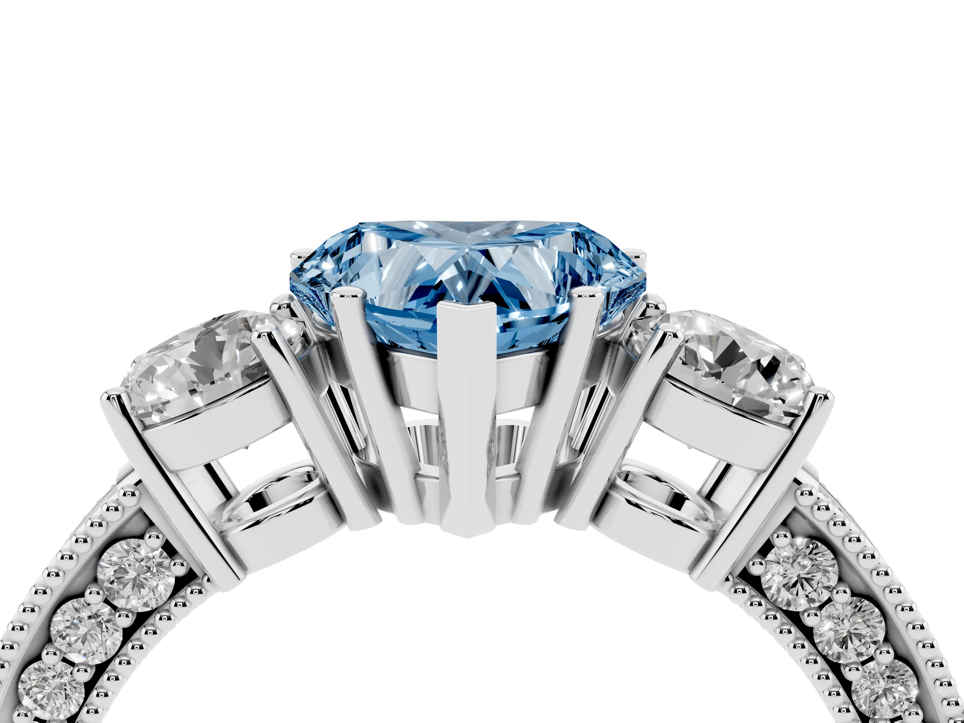 Fancy Blue Heart Cut Diamond Three-Stone Ring Set in White gold with Round Side Stones and Pavé Band