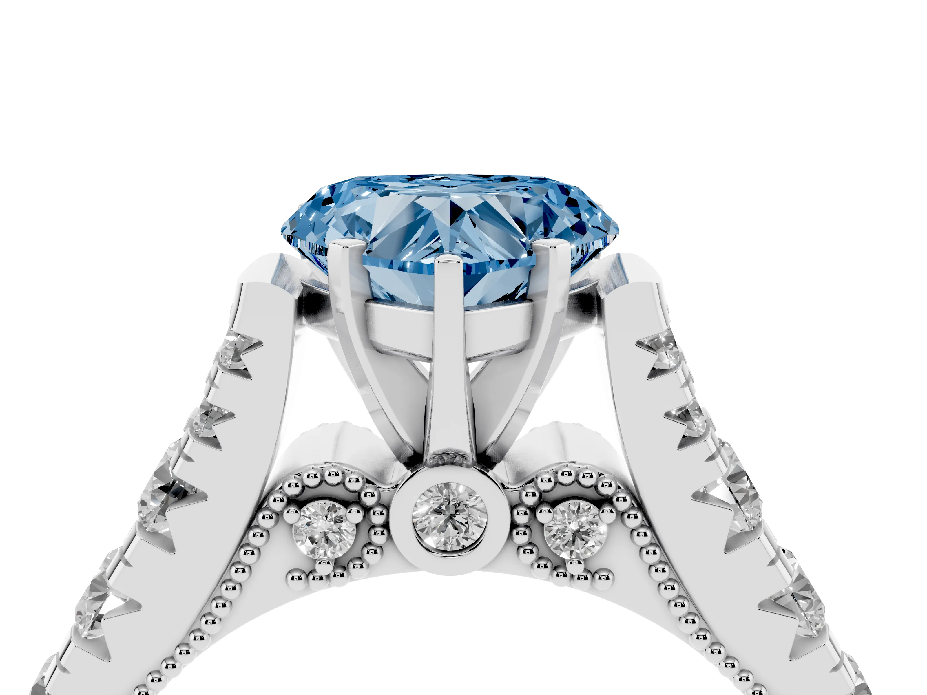 Fancy Blue Heart Cut Diamond Classic Solitaire Ring Set in White gold with Pavé Band and Prong Setting