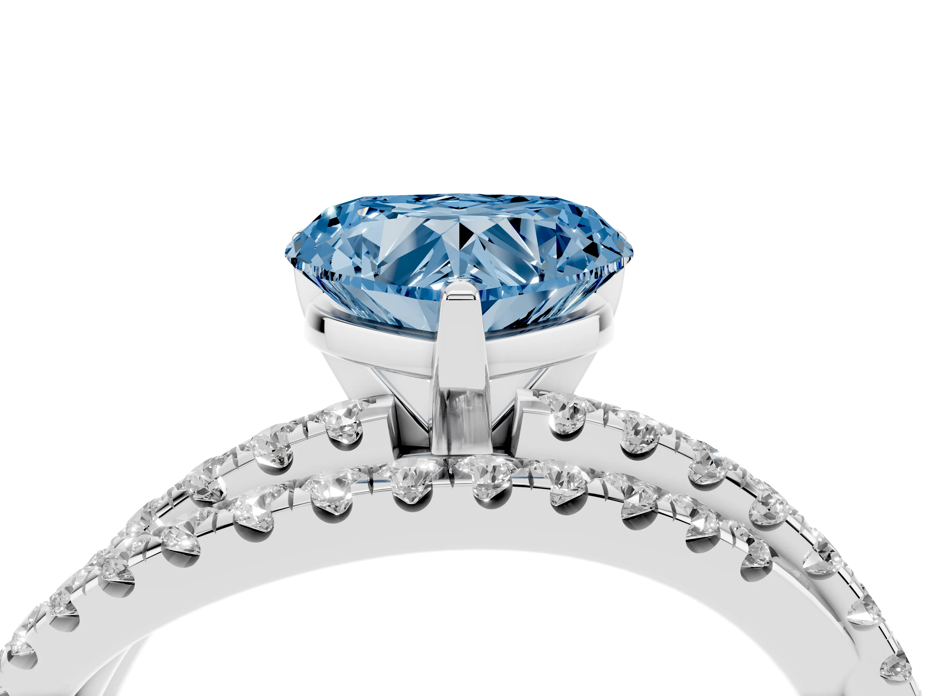Fancy Blue Heart Cut Diamond Solitaire Twist Band Ring Set in Silver with Pavé Setting and Prong Head