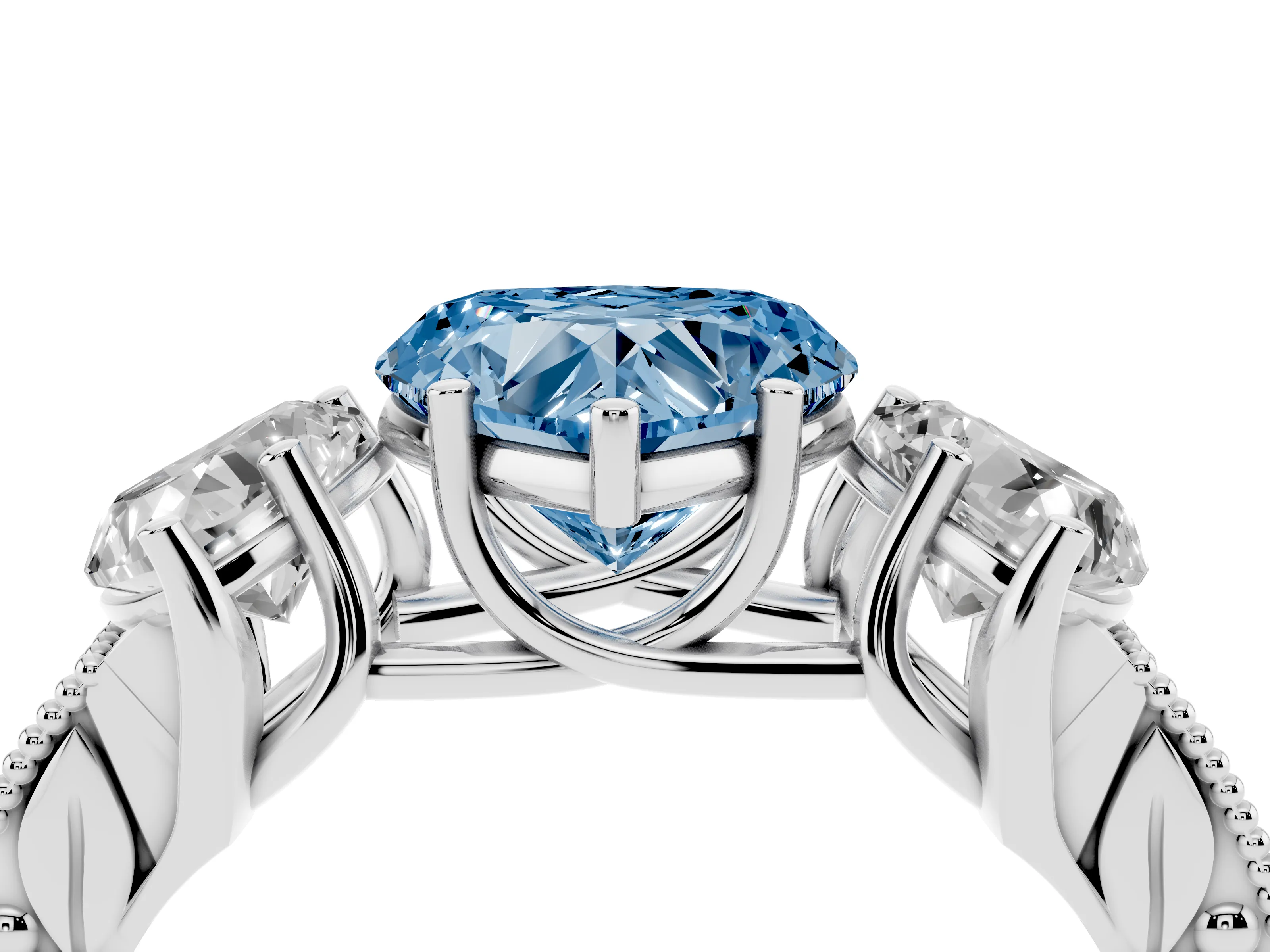 Fancy Blue Heart Cut Diamond Three-Stone Engagement Ring Set in Platinum with Milgrain Pavé Band