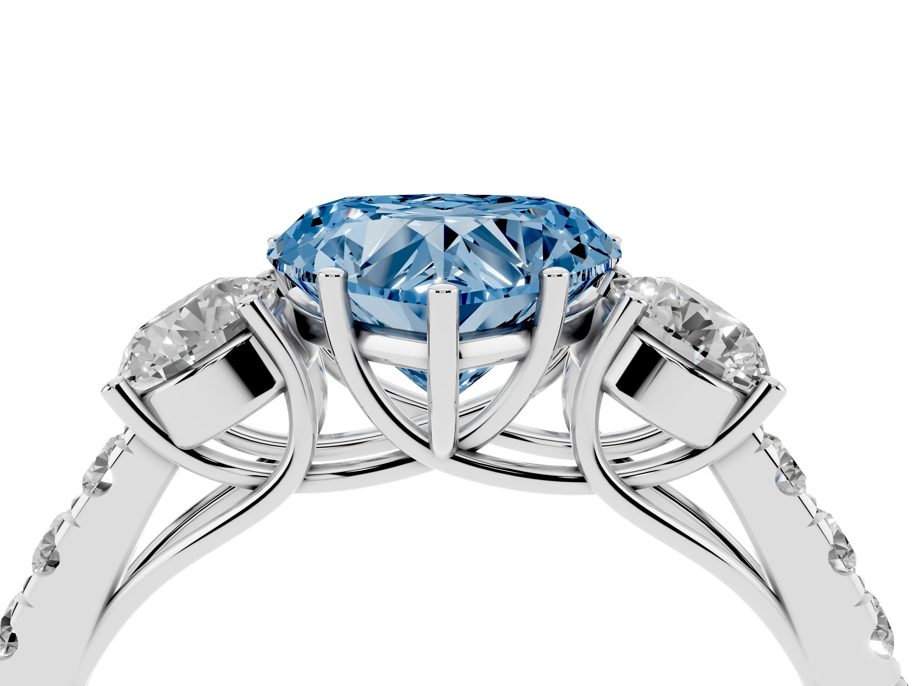 Fancy Blue Heart Cut Diamond Three-Stone Ring Set in White gold with Round Side Stones and Delicate Pavé Band