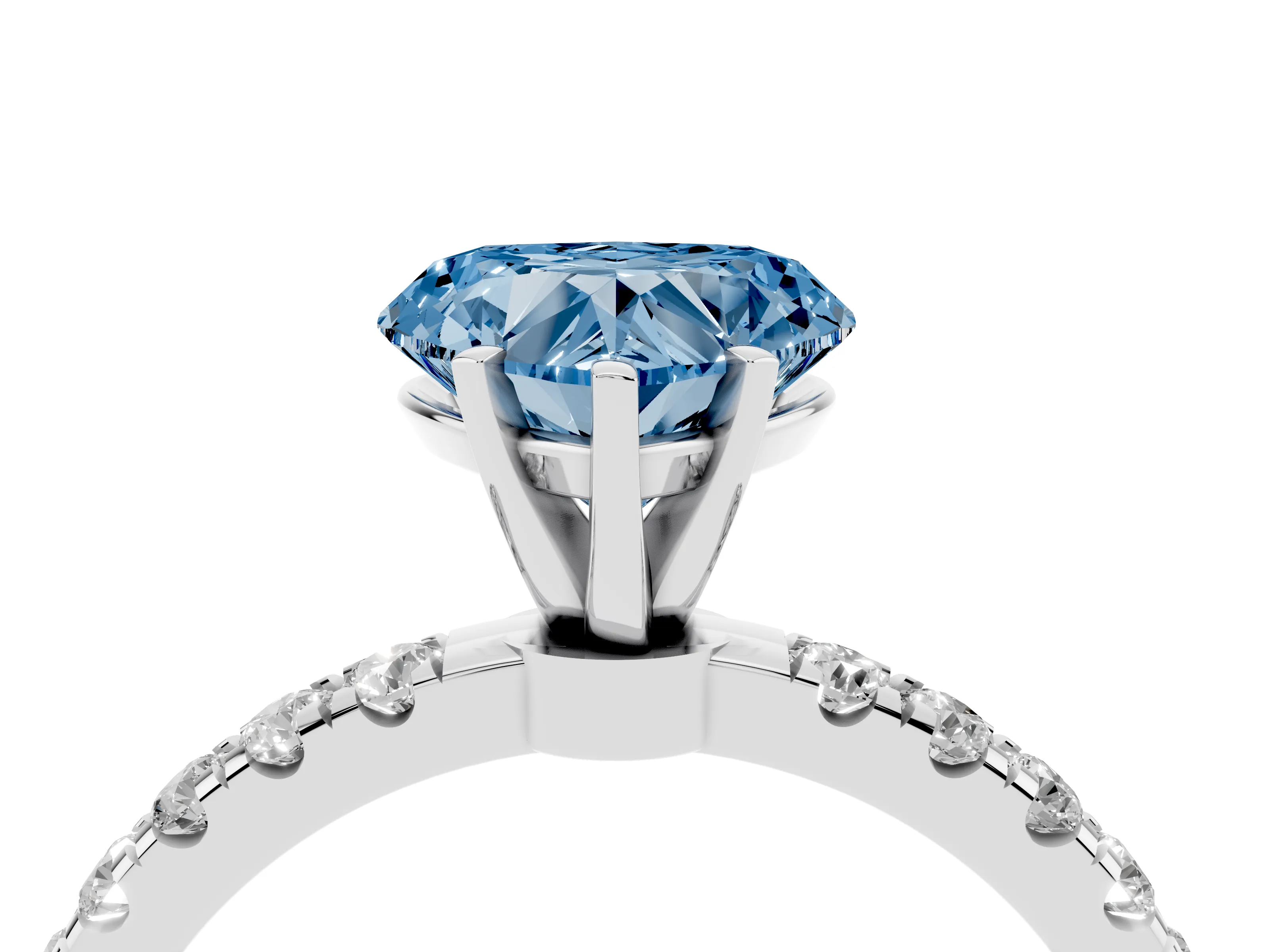 Fancy Blue Heart Cut Diamond Solitaire Ring Set in White gold with Pavé Accents and Prong Setting