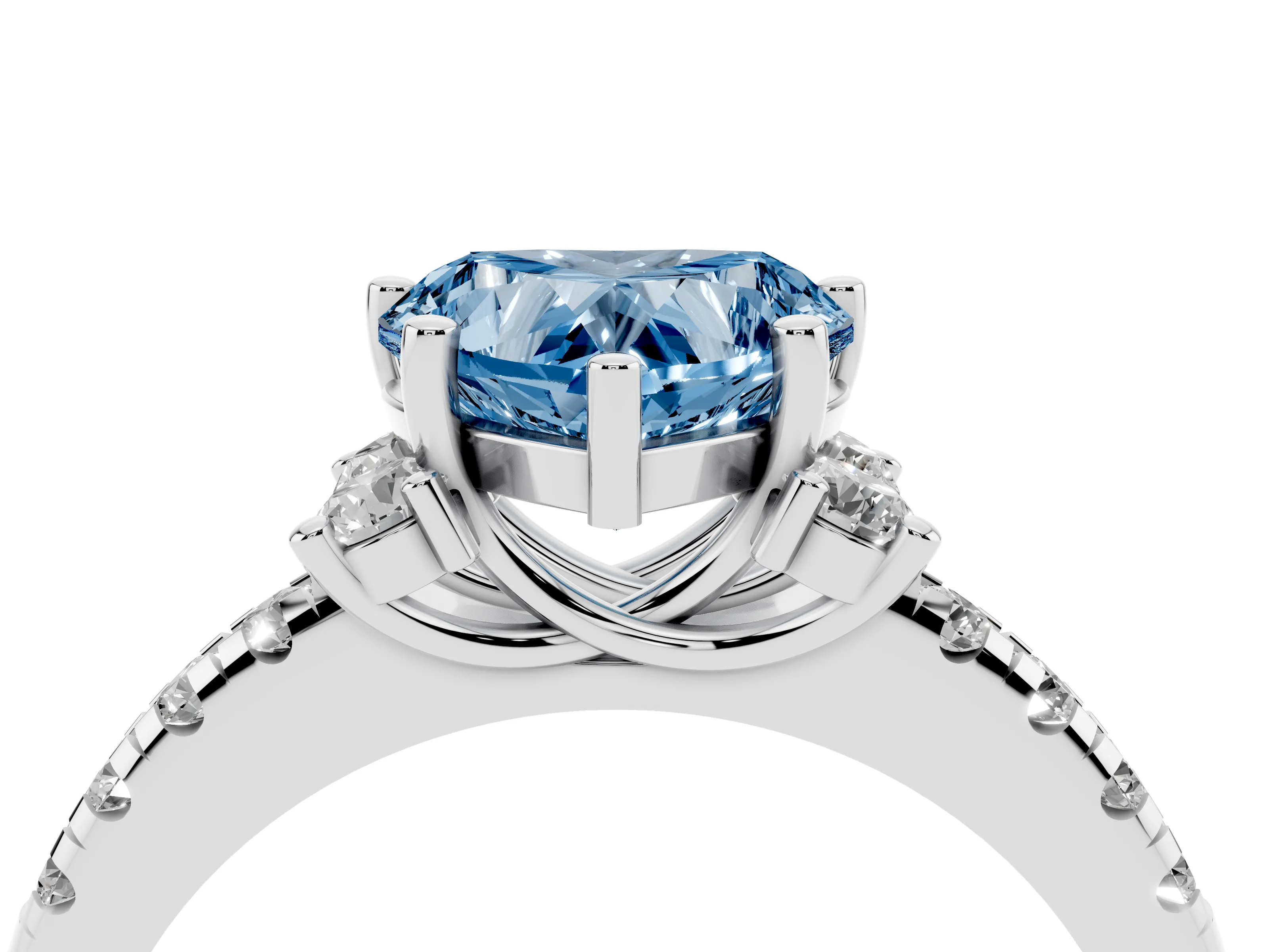 Fancy Blue Heart Cut Diamond Three-Stone Pavé Ring Set in Silver with Prong Setting