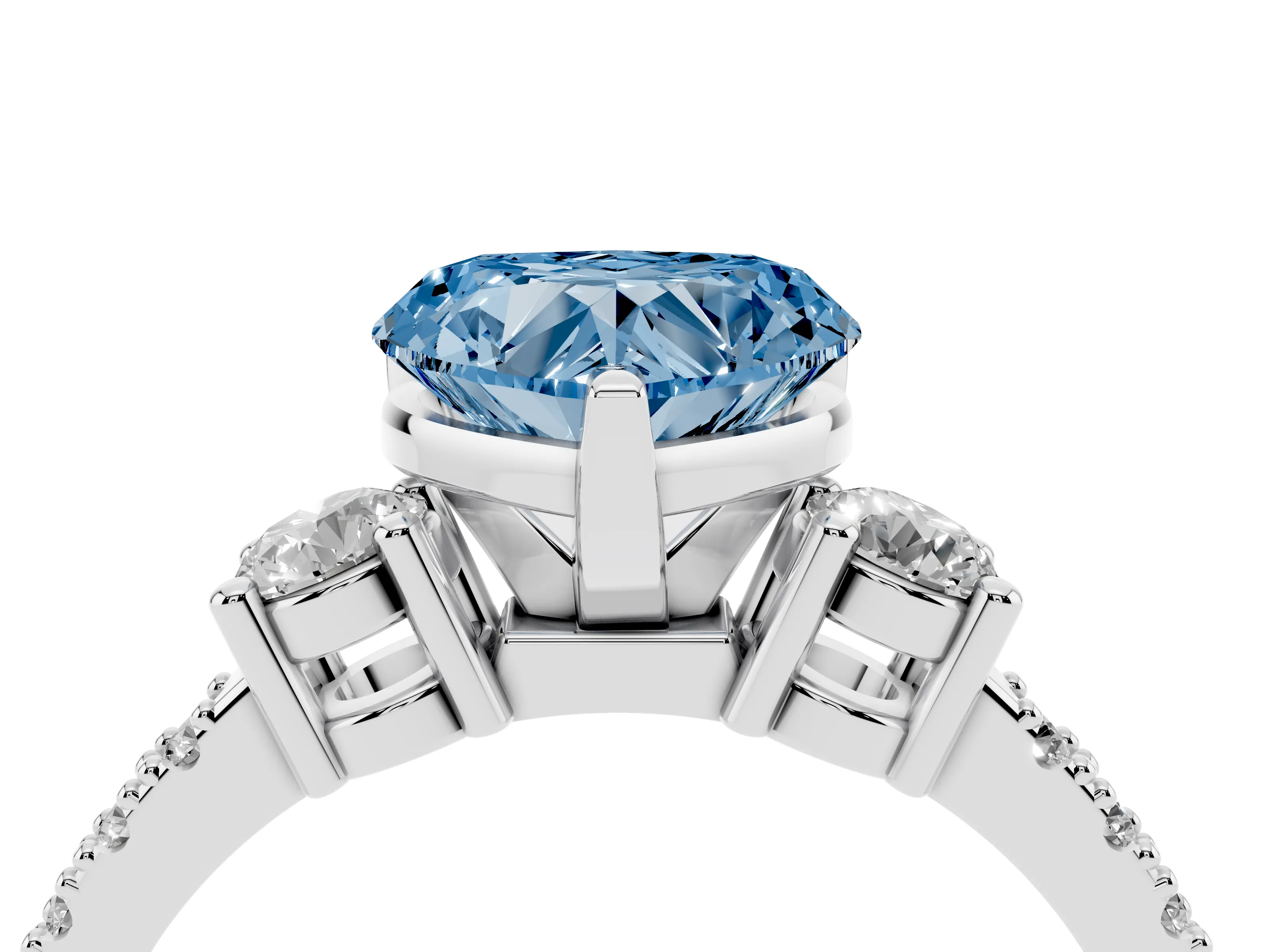 Fancy Blue Three-Stone Heart Cut Diamond Pavé Band Ring Set in Silver with Prong Setting