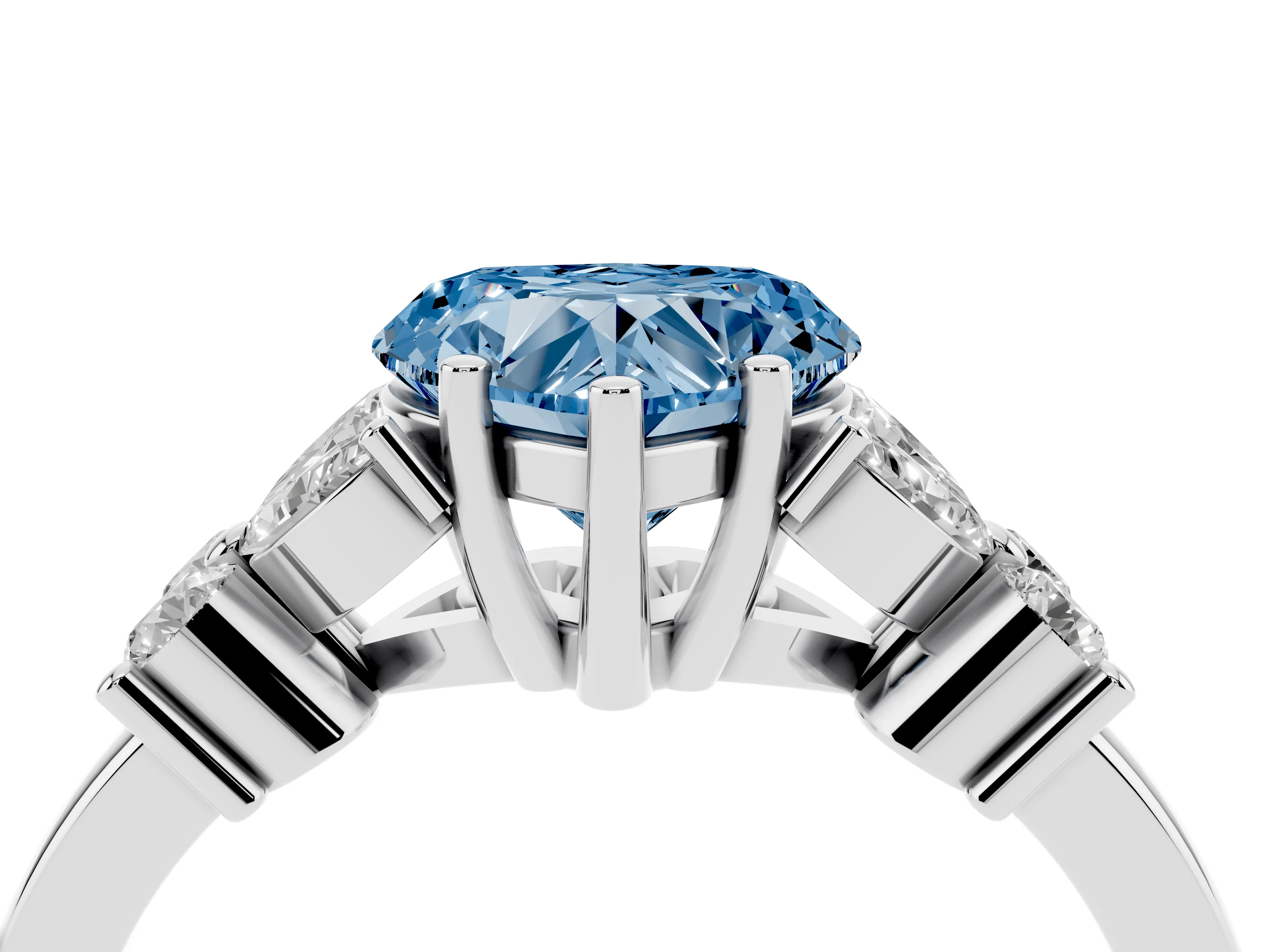 Fancy Blue Heart Cut Diamond Floral Cluster Ring Set in Silver with Marquise Petals and Prong Setting