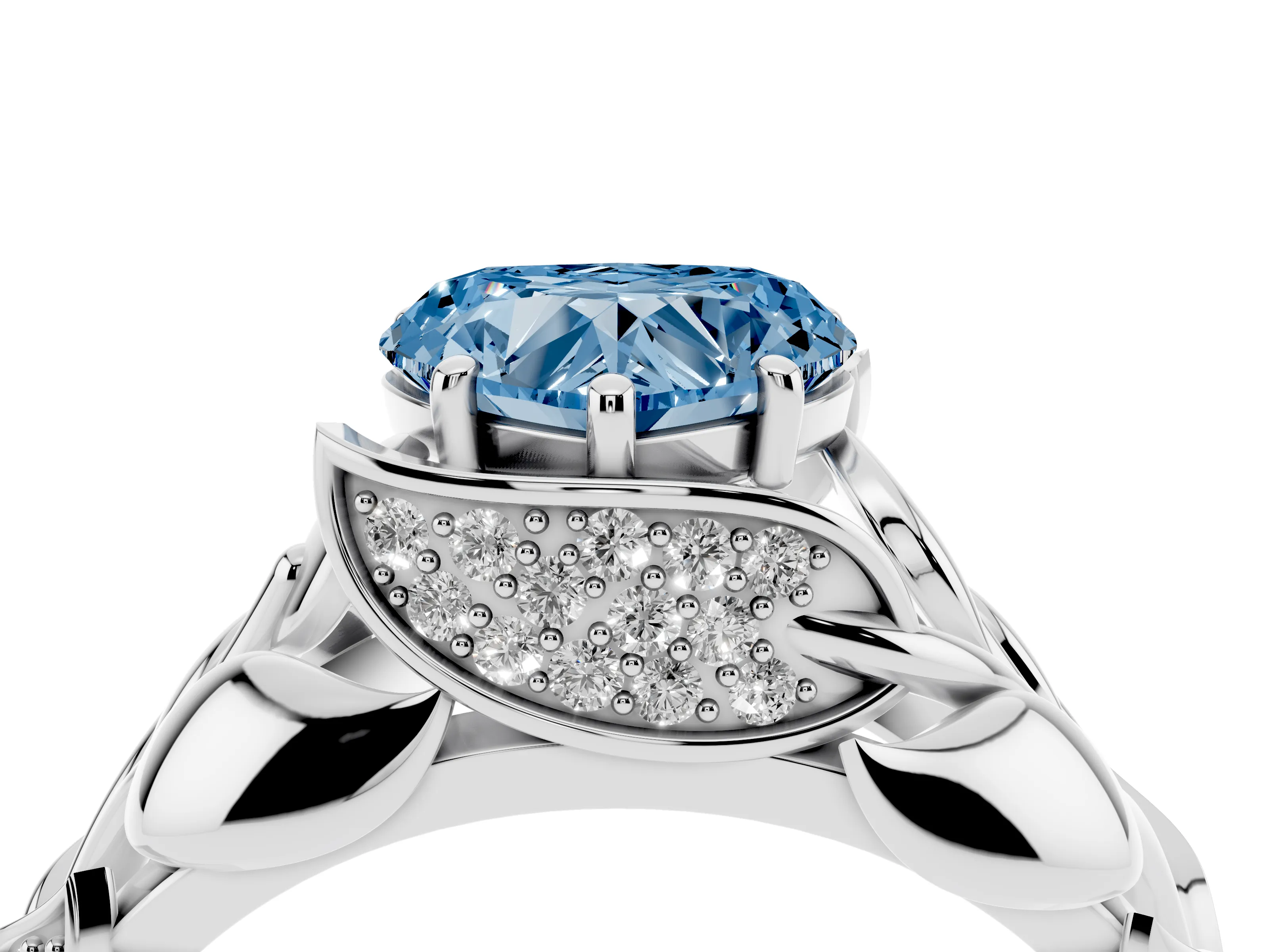 Fancy Blue Heart Cut Diamond Leaf-Inspired Engagement Ring Set in Silver with Round Accents