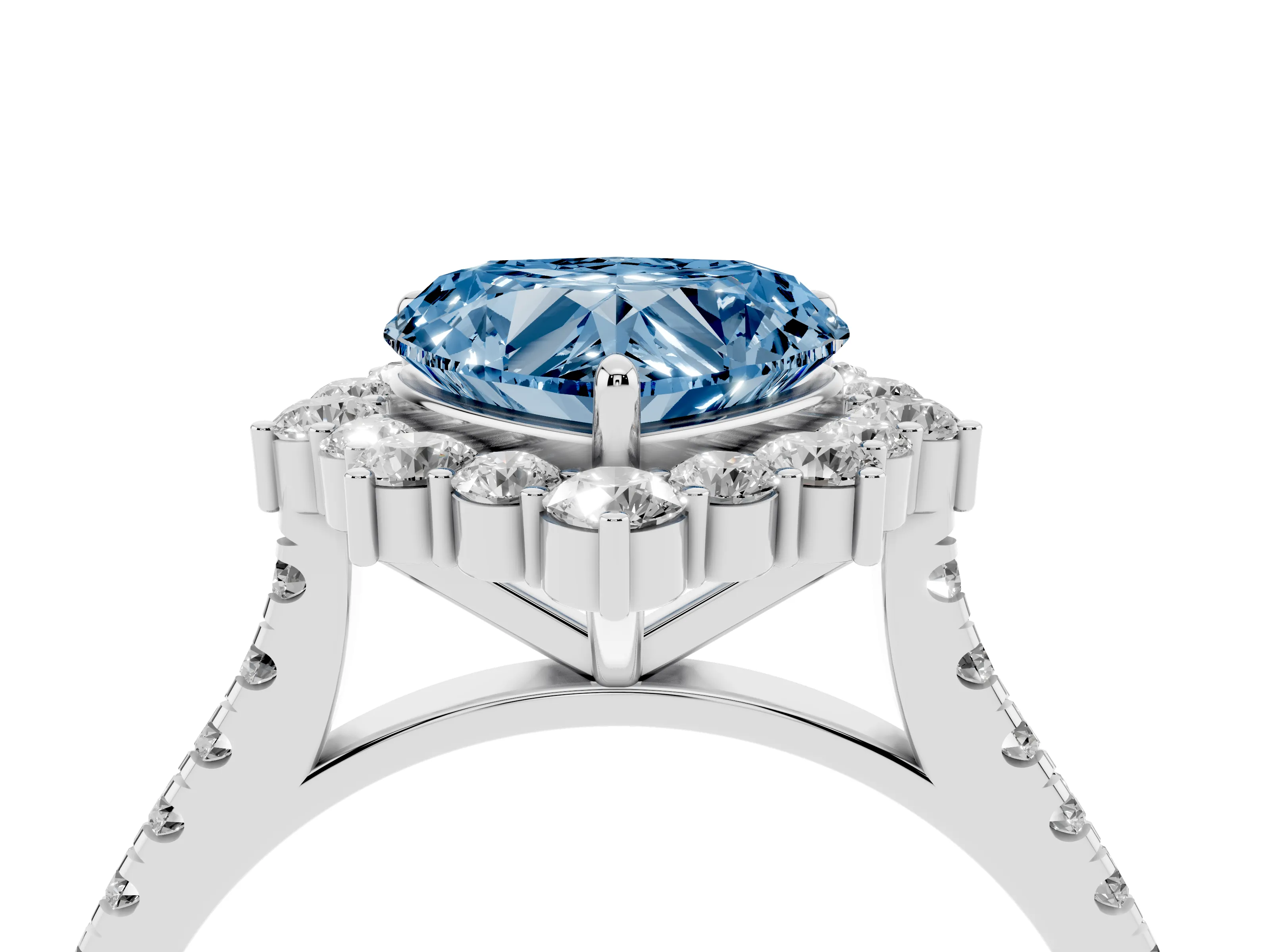 Fancy Blue Heart Cut Diamond Halo Ring Set in Silver with Pavé Band and Prong Setting