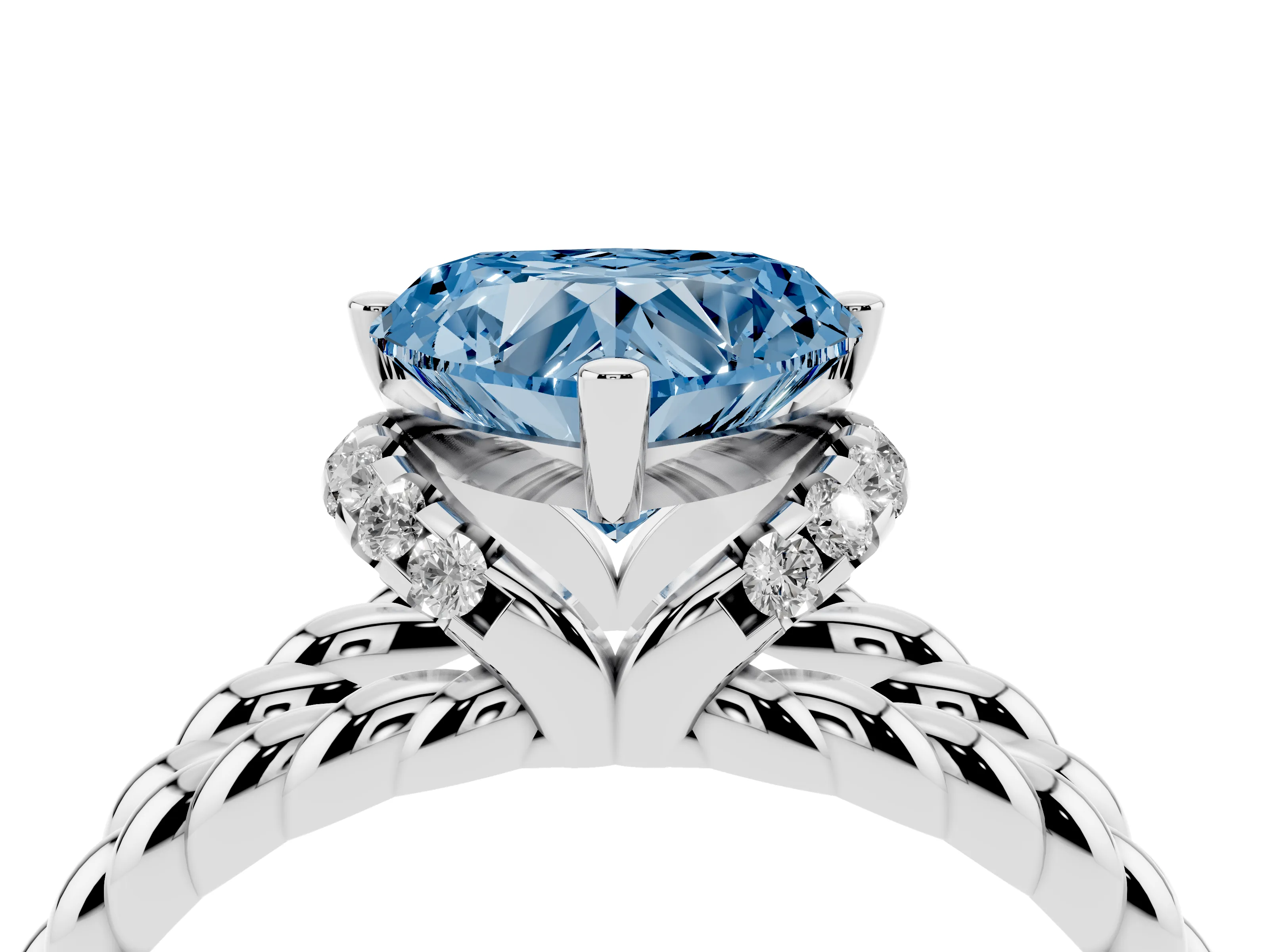 Fancy Blue Heart Cut Diamond Halo Ring Set in White gold with Twisted Band and Prong Setting