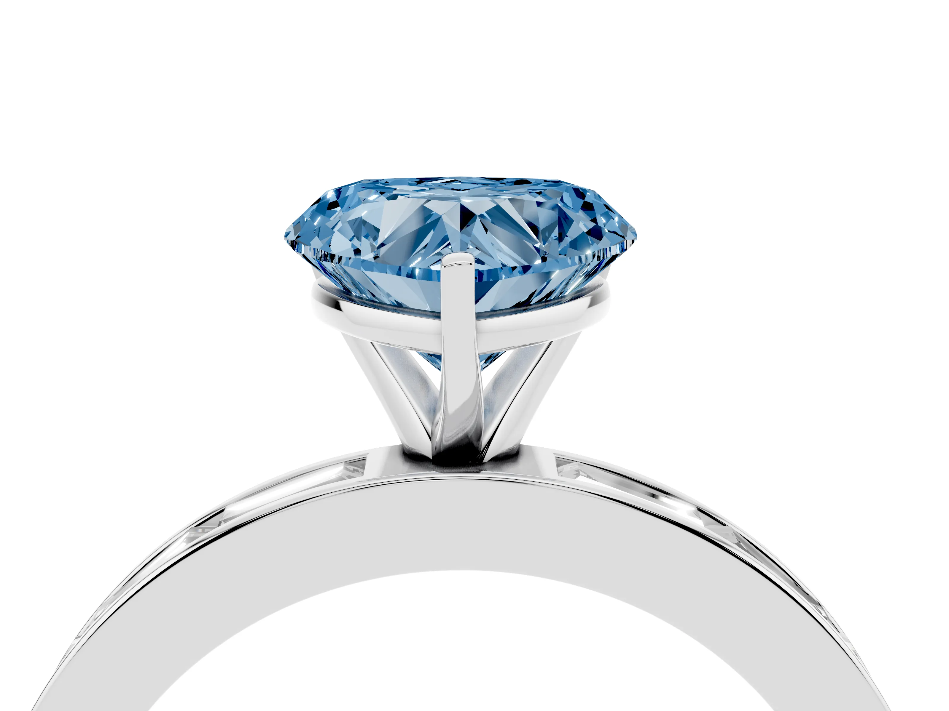 Fancy Blue Heart Cut Diamond Solitaire Ring Set in Silver with Channel-Set Baguette Band and Prong Setting