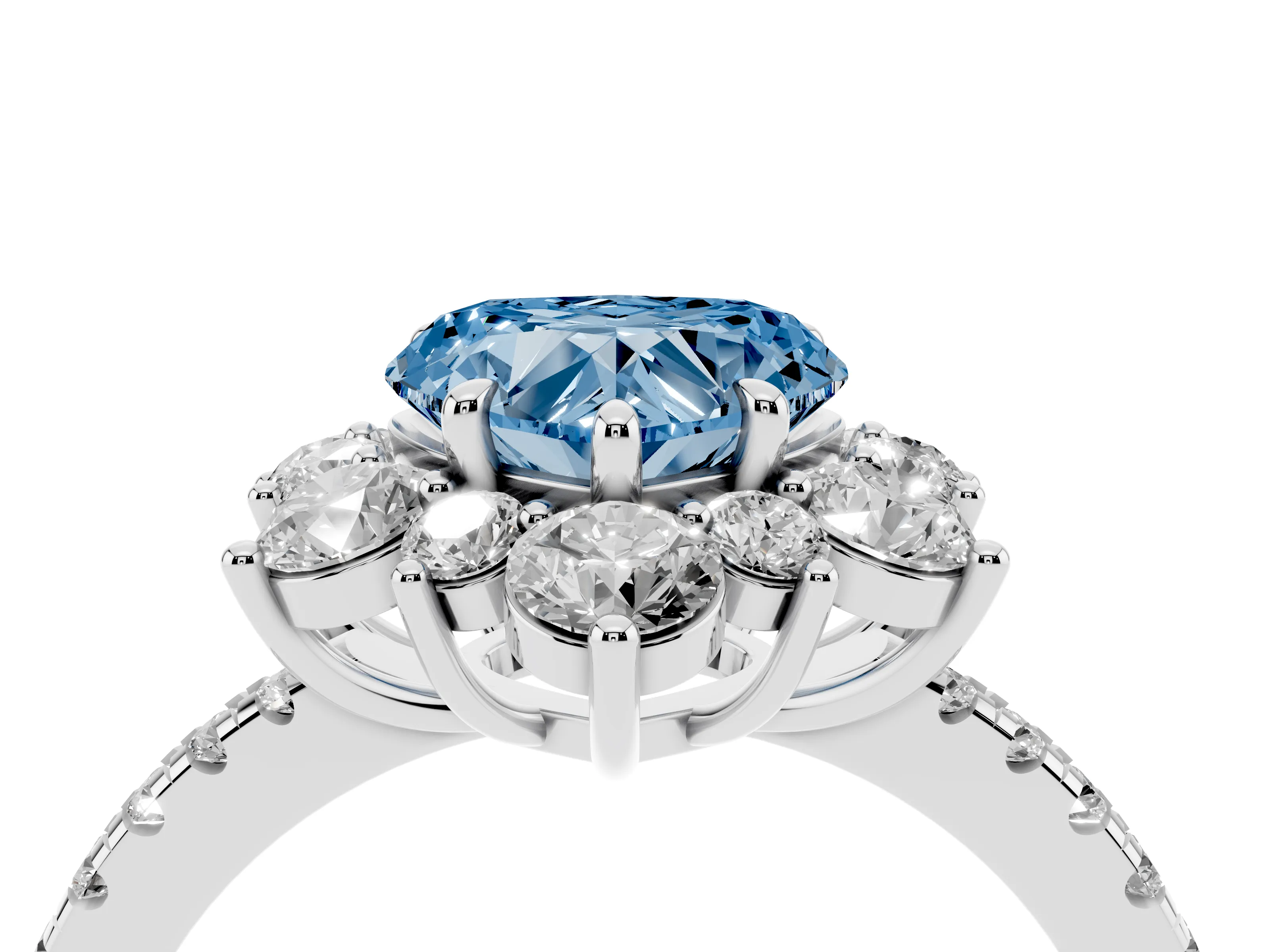 Fancy Blue Heart Cut Diamond Floral Halo Ring Set in White gold with Round Pavé Band and Prong Setting