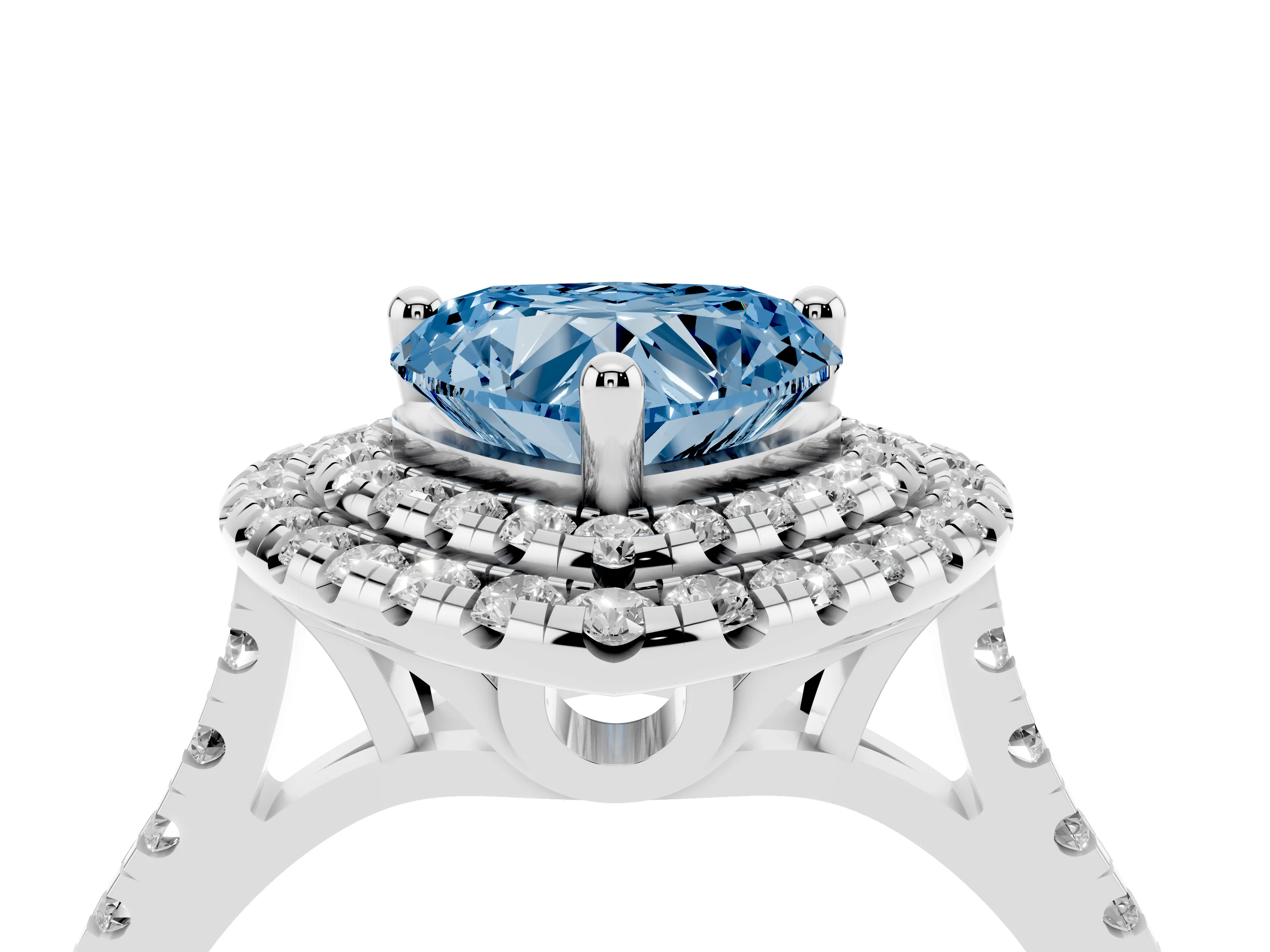 Fancy Blue Heart Cut Diamond Double Halo Statement Ring Set in Silver with Pavé Band