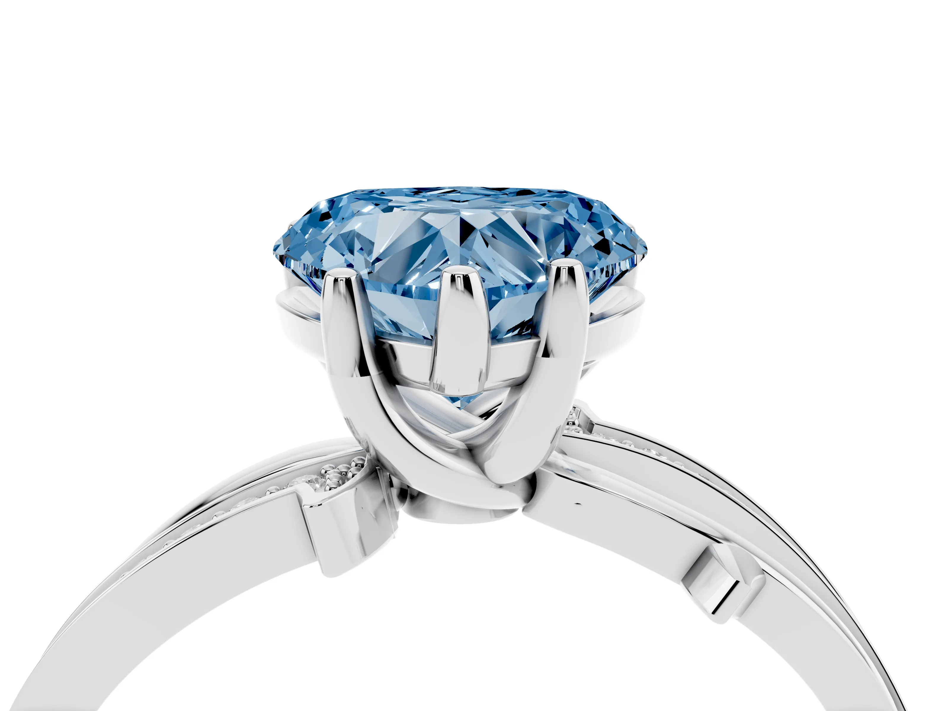 Fancy Blue Heart Cut Diamond Pavé Twist Band Solitaire Ring Set in White gold with Prong Setting