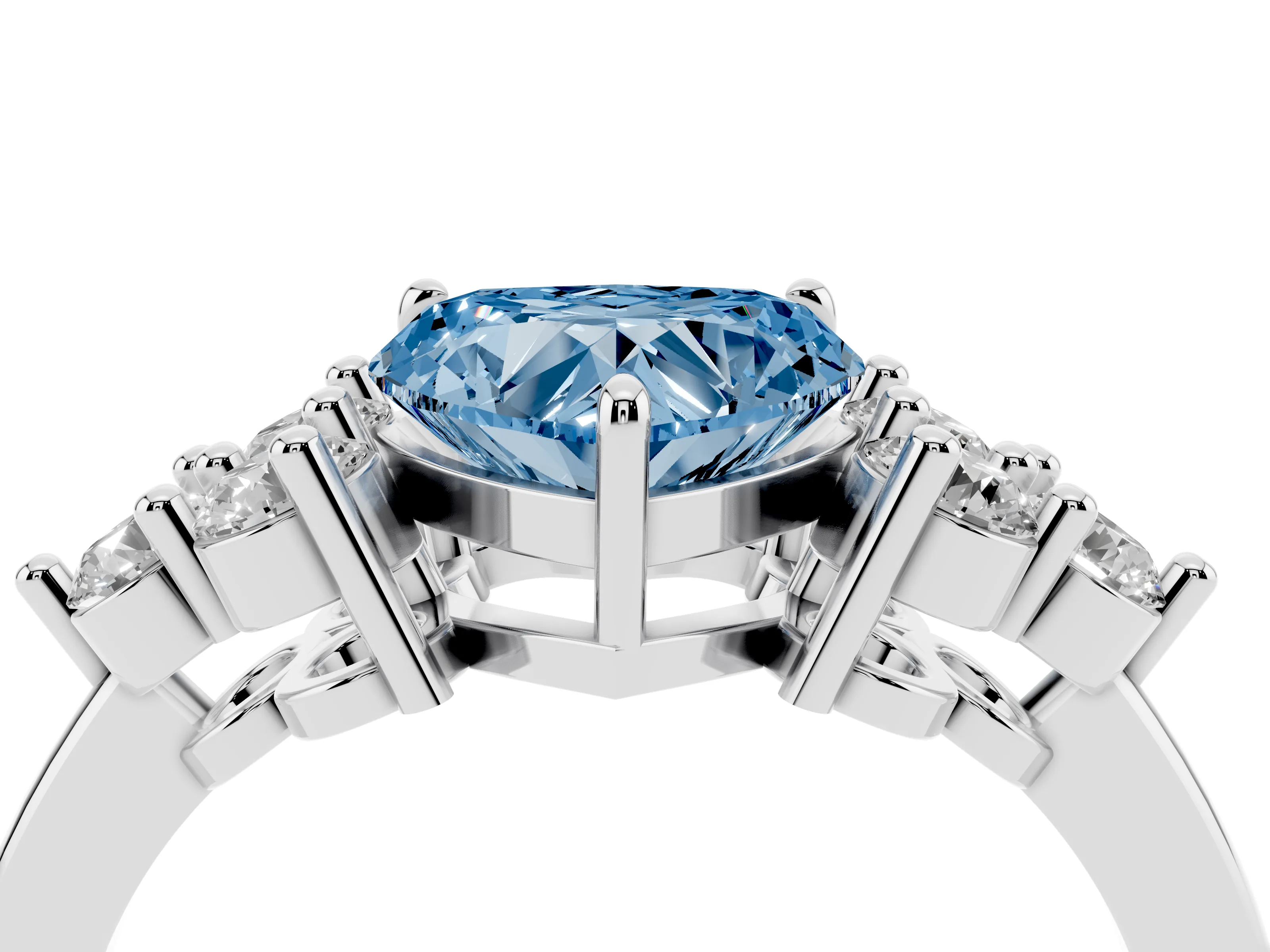 Fancy Blue Heart Cut Diamond Solitaire Ring Set in White gold with Cluster Accents on Each Side