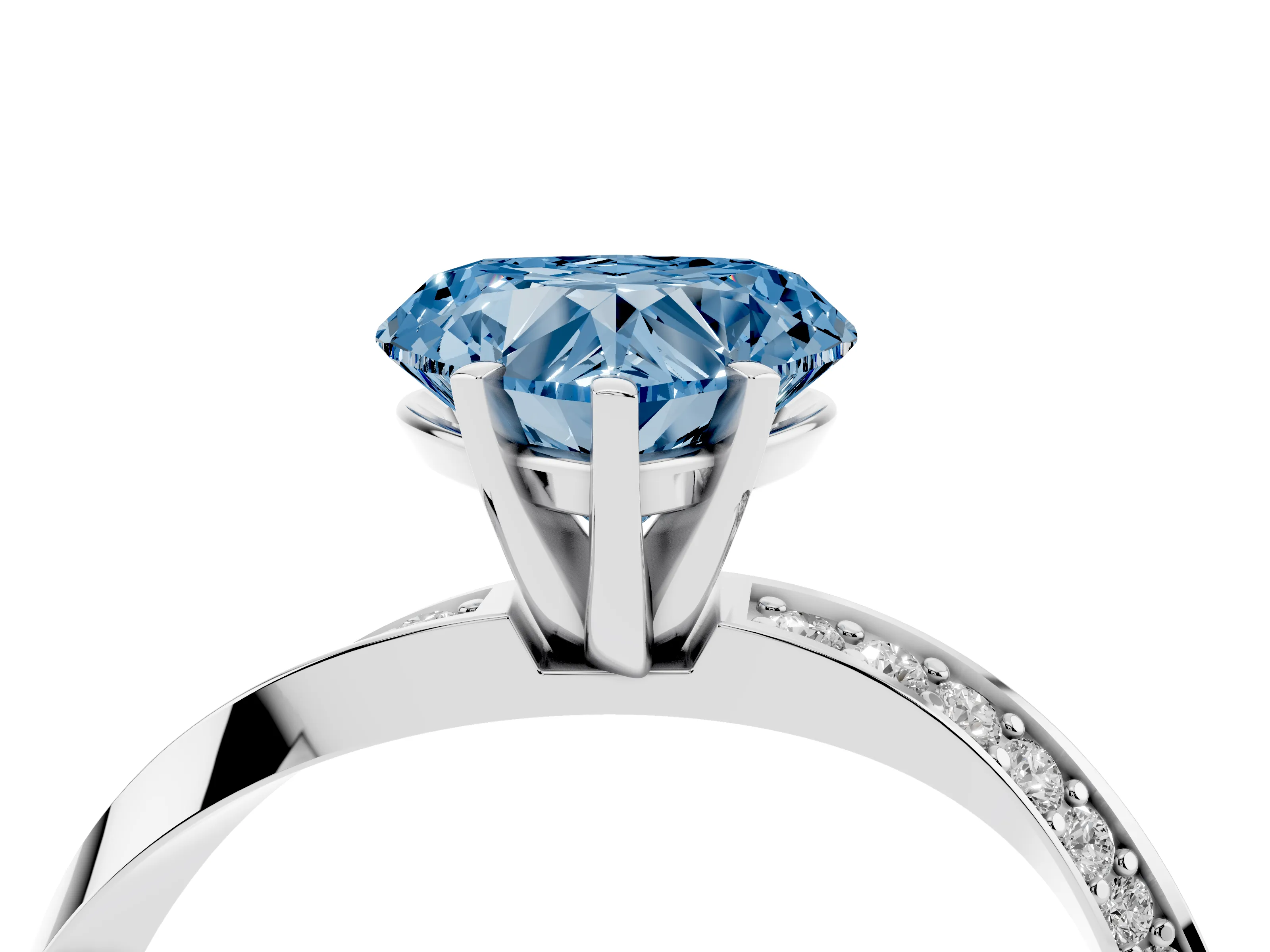 Fancy Blue Heart Cut Diamond Engagement Ring Set in White gold with Side Stone Accents and Prong Setting