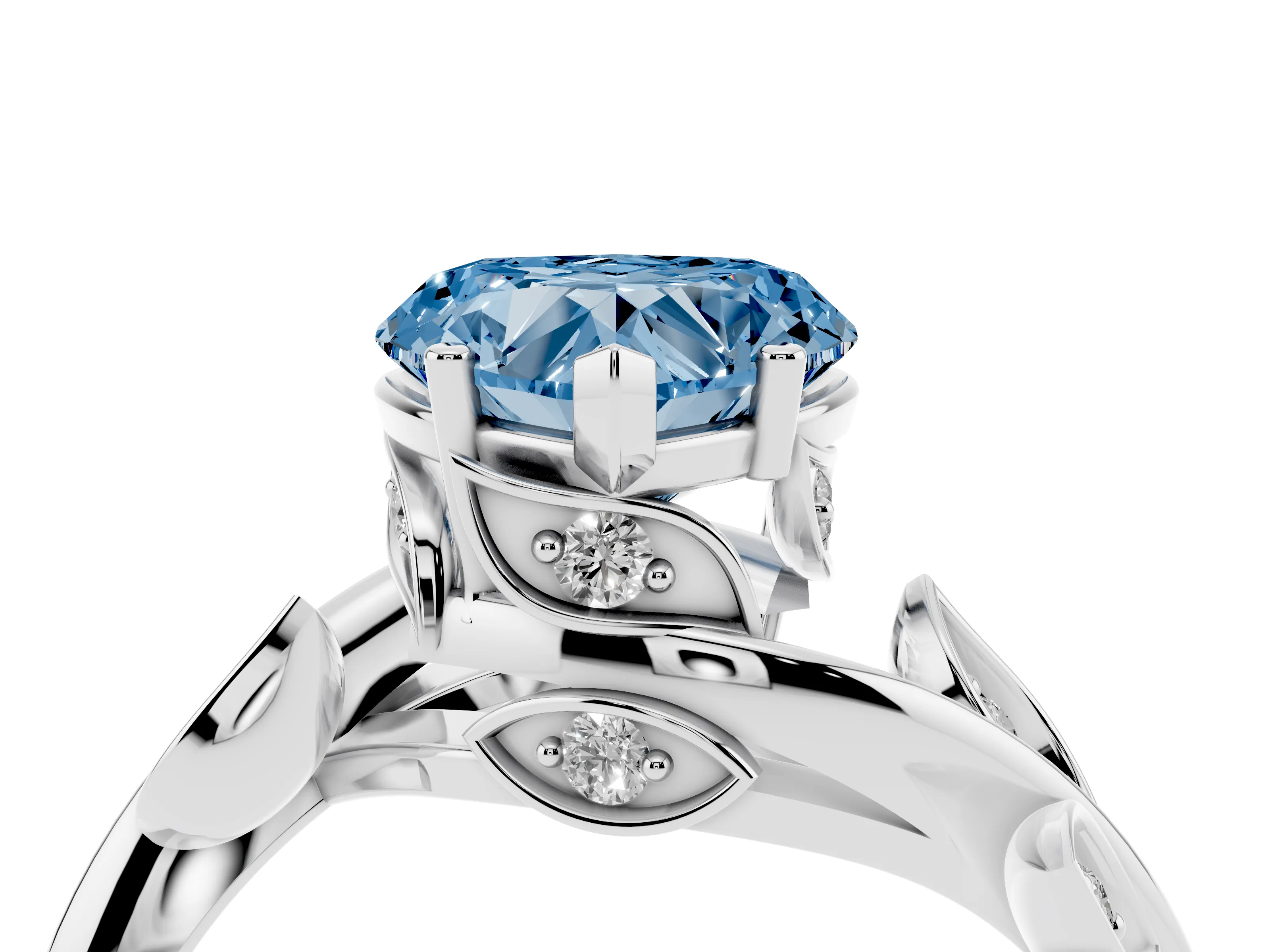Fancy Blue Heart Cut Diamond Solitaire Twist Engagement Ring Set in White gold with Pavé Leaf Accents