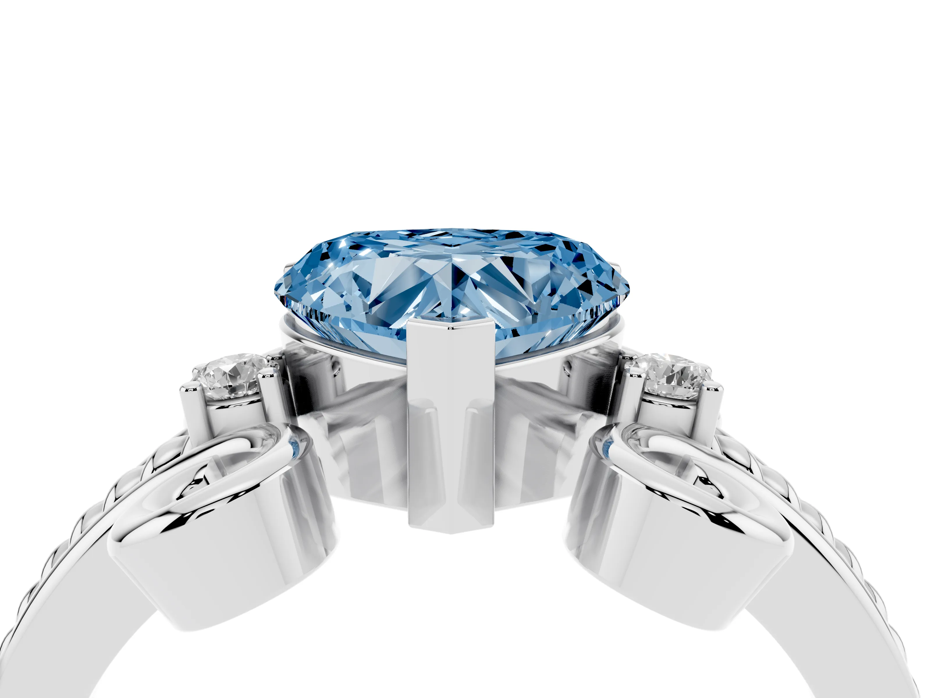 Fancy Blue Heart Cut Diamond Twisted Band Solitaire Ring Set in Platinum with Scroll Prongs