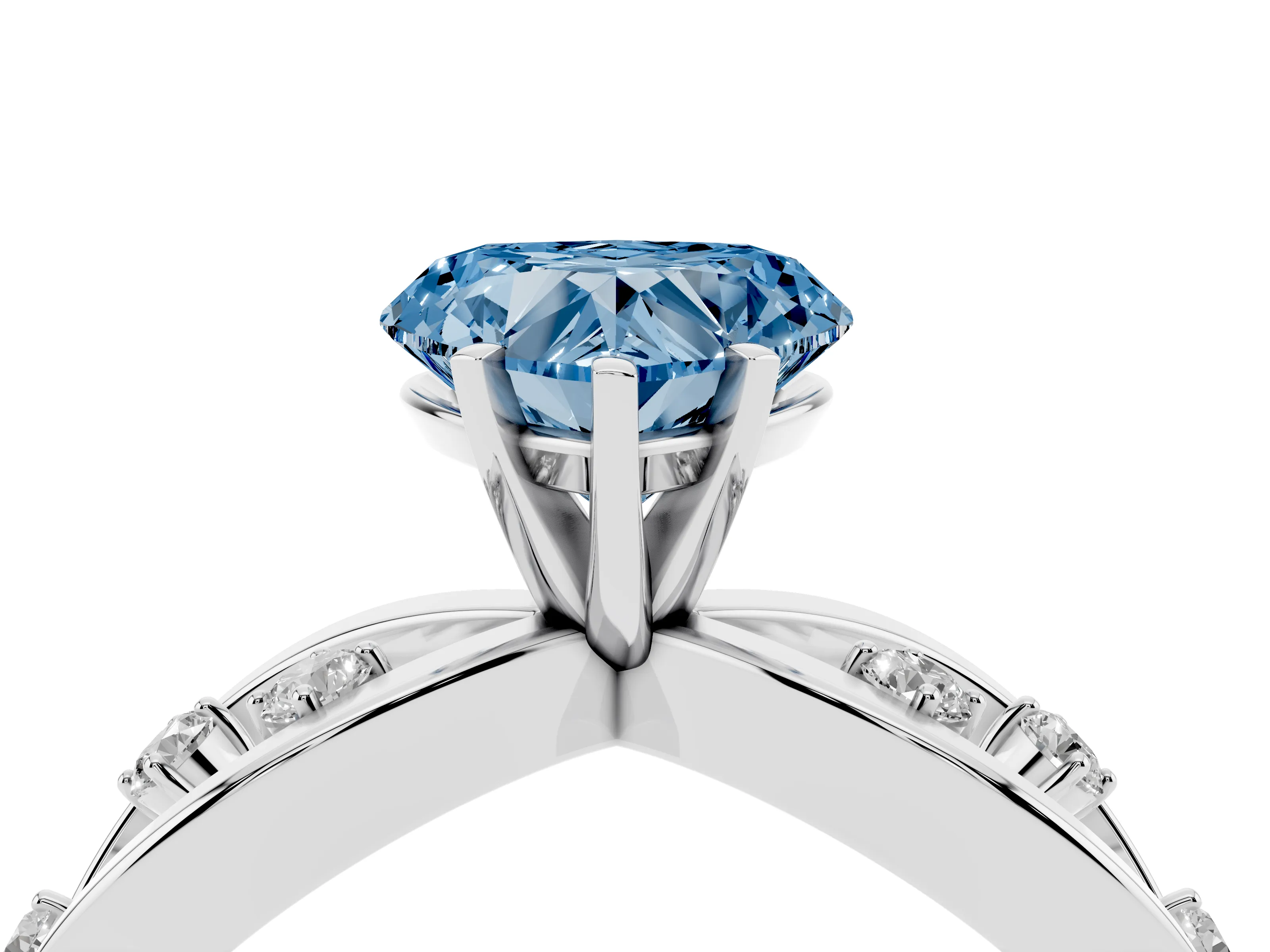Fancy Blue Heart Cut Diamond Solitaire Ring Set in Platinum with Side Stones on Criss-Cross Band and Prong Setting