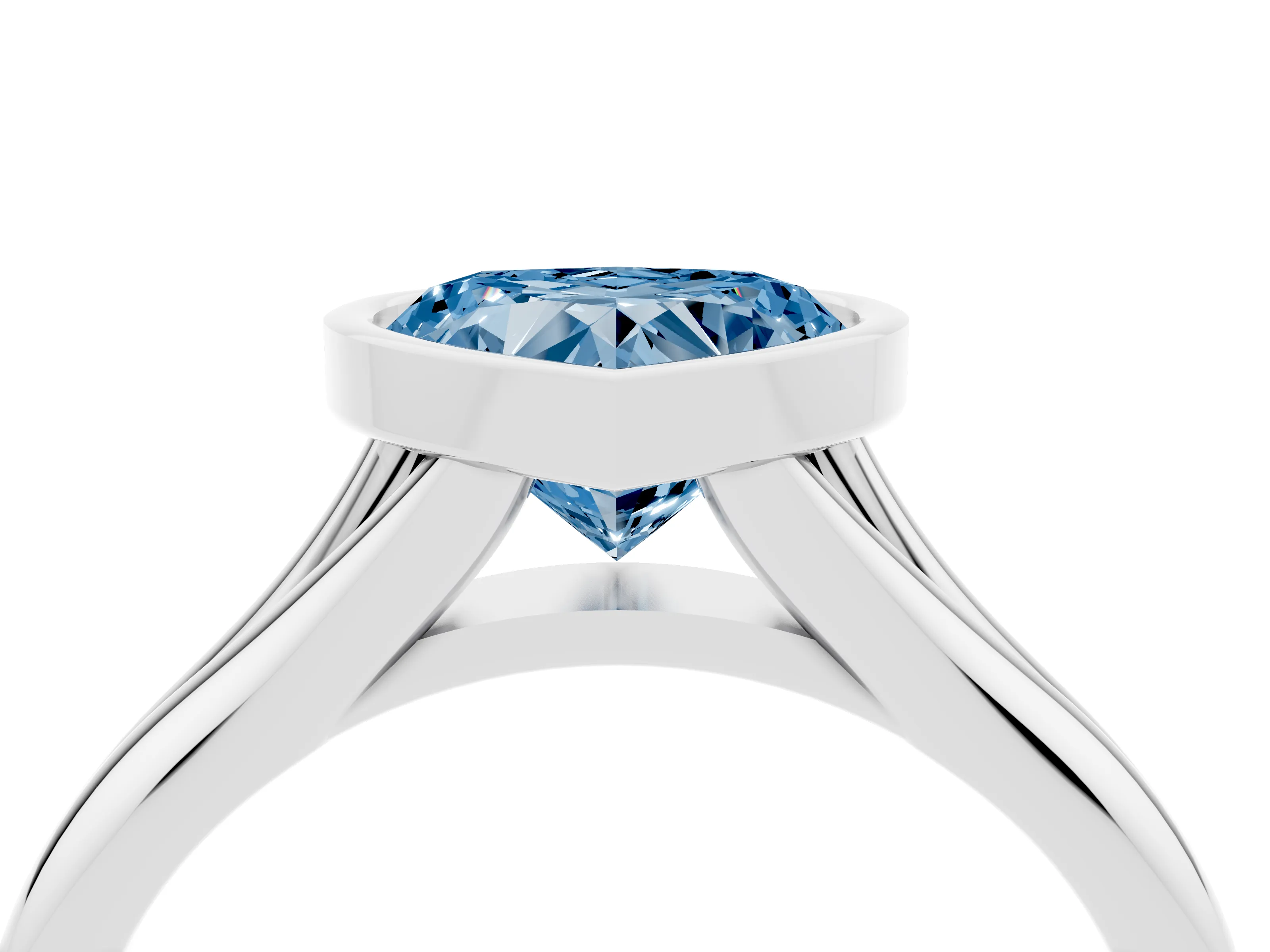 Fancy Blue Bezel Set Heart Cut Diamond Solitaire Ring Set in White gold with Smooth Band