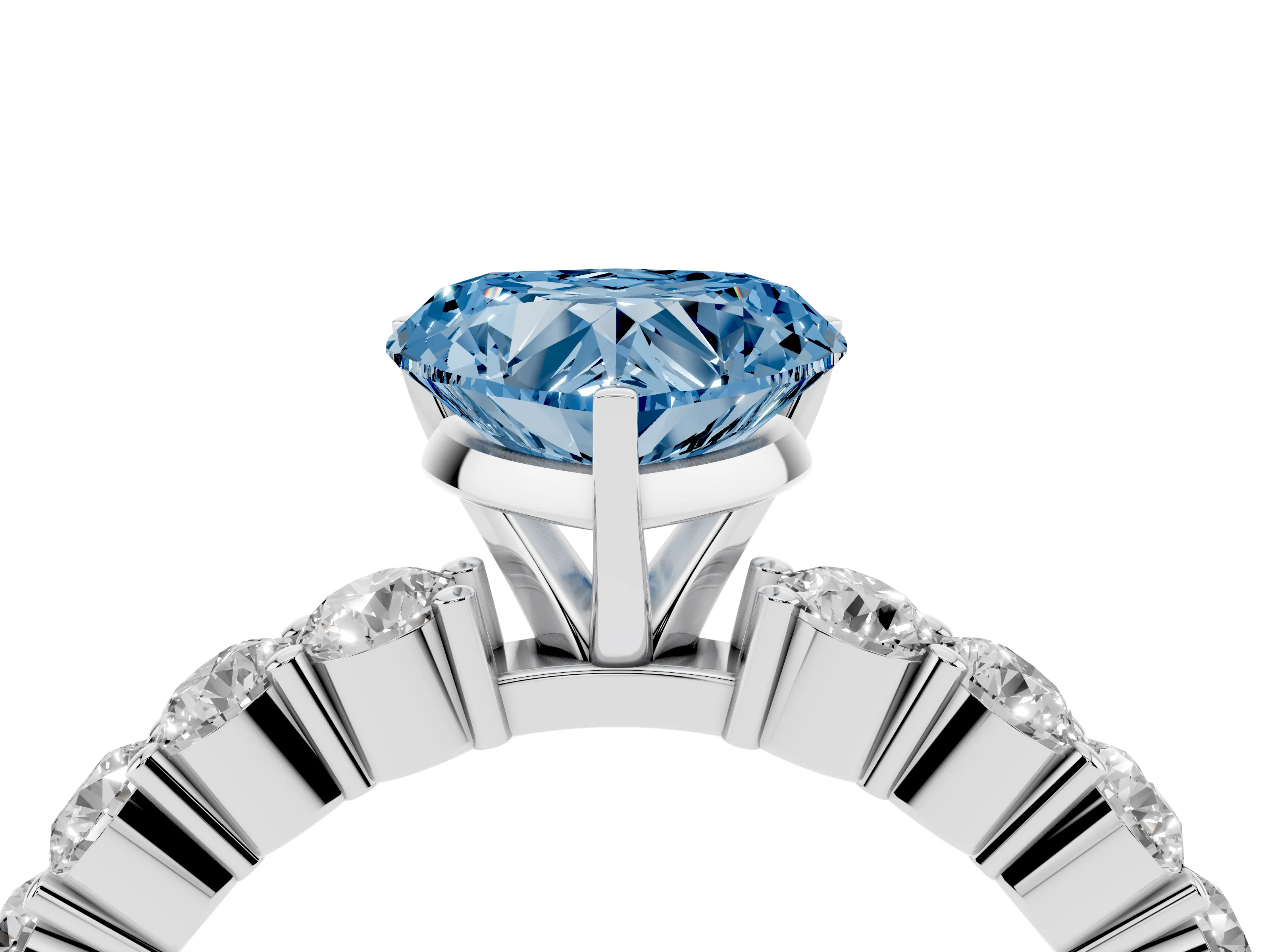 Fancy Blue Heart Cut Diamond Solitaire Ring Set in White gold with Shared Prong Round Side Stones